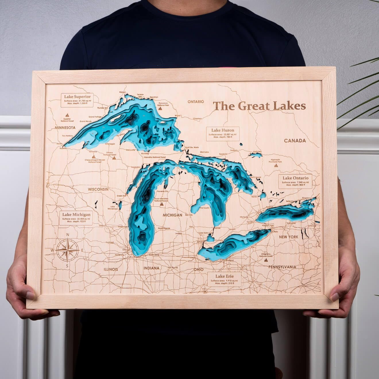 Personalized 3D The Great Lakes Wood Map | Lake Depth Map Art | 9-Layer Nautical Decor | Rustic Wall Art for Lake House, Cabin | Gifts for 5th Anniversary, Father’s Day, Christmas, Housewarming