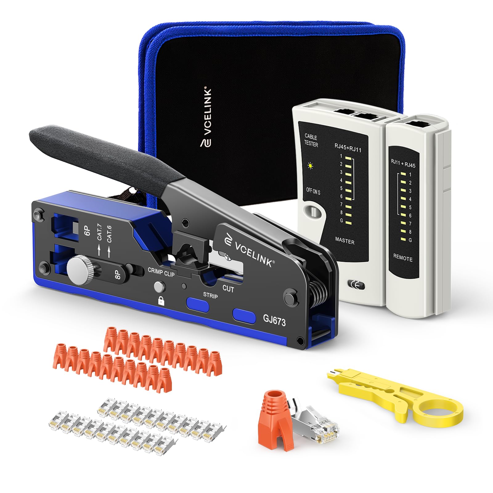 VCELINK Netzwerk Werkzeug Set, RJ45 Crimpzange mit 20 x RJ45 Stecker Cat7/Cat6a Pass Through, Netzwerktester, Abisolierzange, Profi RJ45/RJ11/RJ12 Reparaturwerkzeuge, Stofftasche