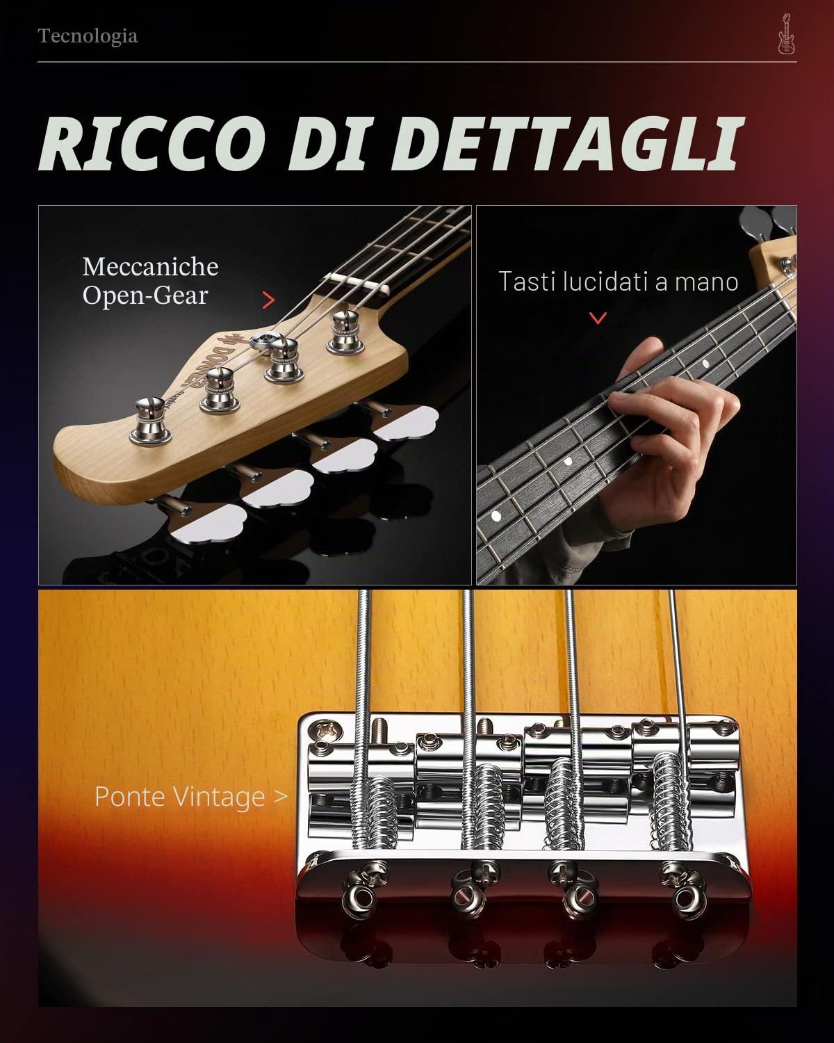Donner Kit Basso Elettrico 4 corde Sunburst DPB-510S con borsa tracolla cavo