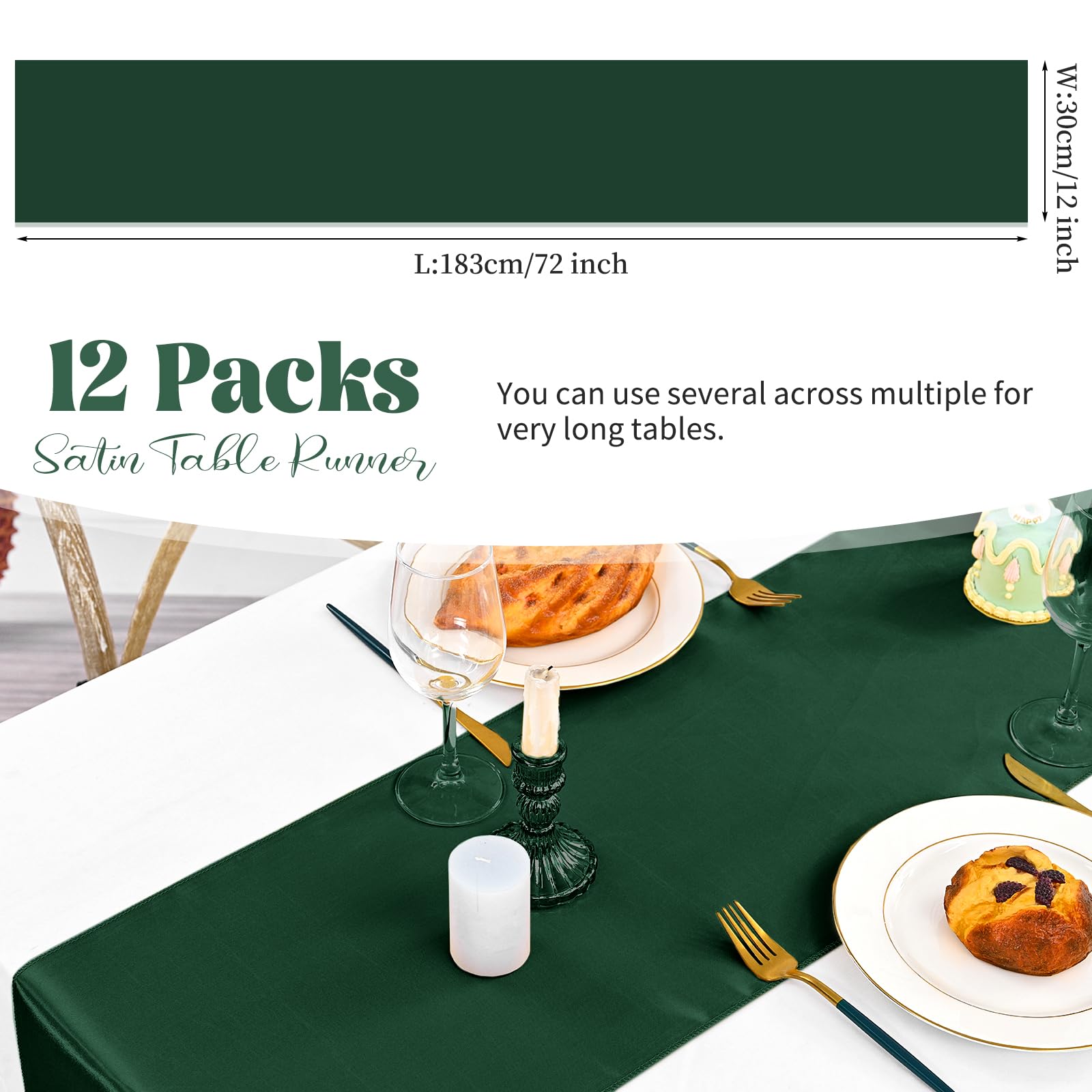12 Pack Forest Green Table Runner 12×72 Inch Long Premium Table Runner for Wedding Bright Silk Table Runner for Party,Banquet,Events,Graduations Decoration fit Rectange and Round Table-Forest Green