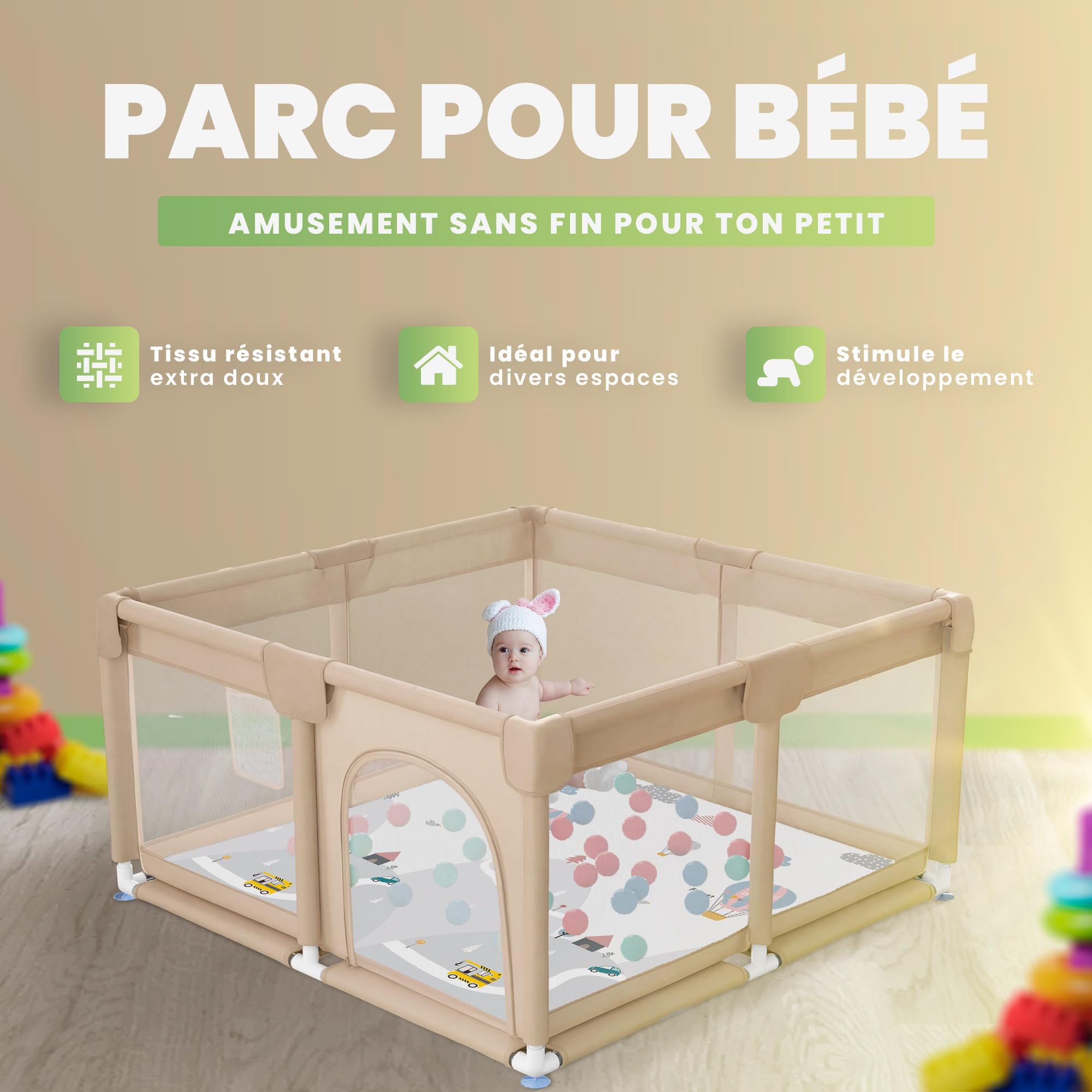 JUPPLIES Parc Bébé Sécurisé 120×120 cm – Aire de Jeu Carrée pour Enfant 6-24 mois, Filet Respirant 360°, Structure Stable Antidérapante (Beige avec tapis + balles)