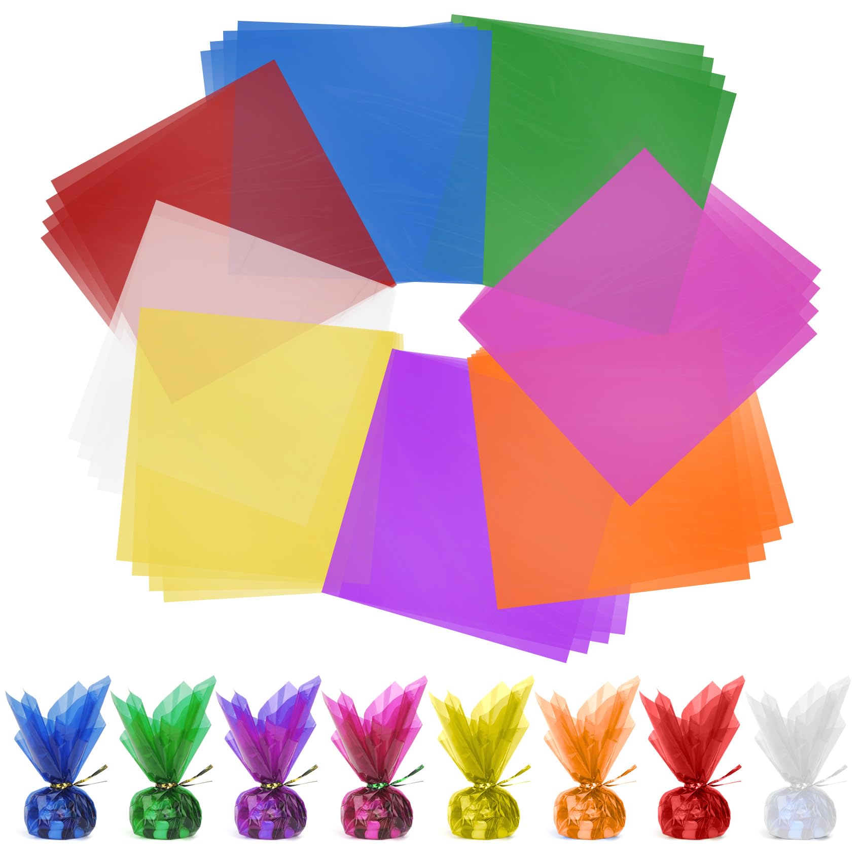 Cellophane Wrap, 120pcs Cellophane Sheets, 8 Multi-Colors Colored Cellophane, 7.5x7.5 Inch Transparent Colored Plastic Wrap, Colored Cellophane Wrap for Christmas Valentine DIY Arts Crafts Decorations