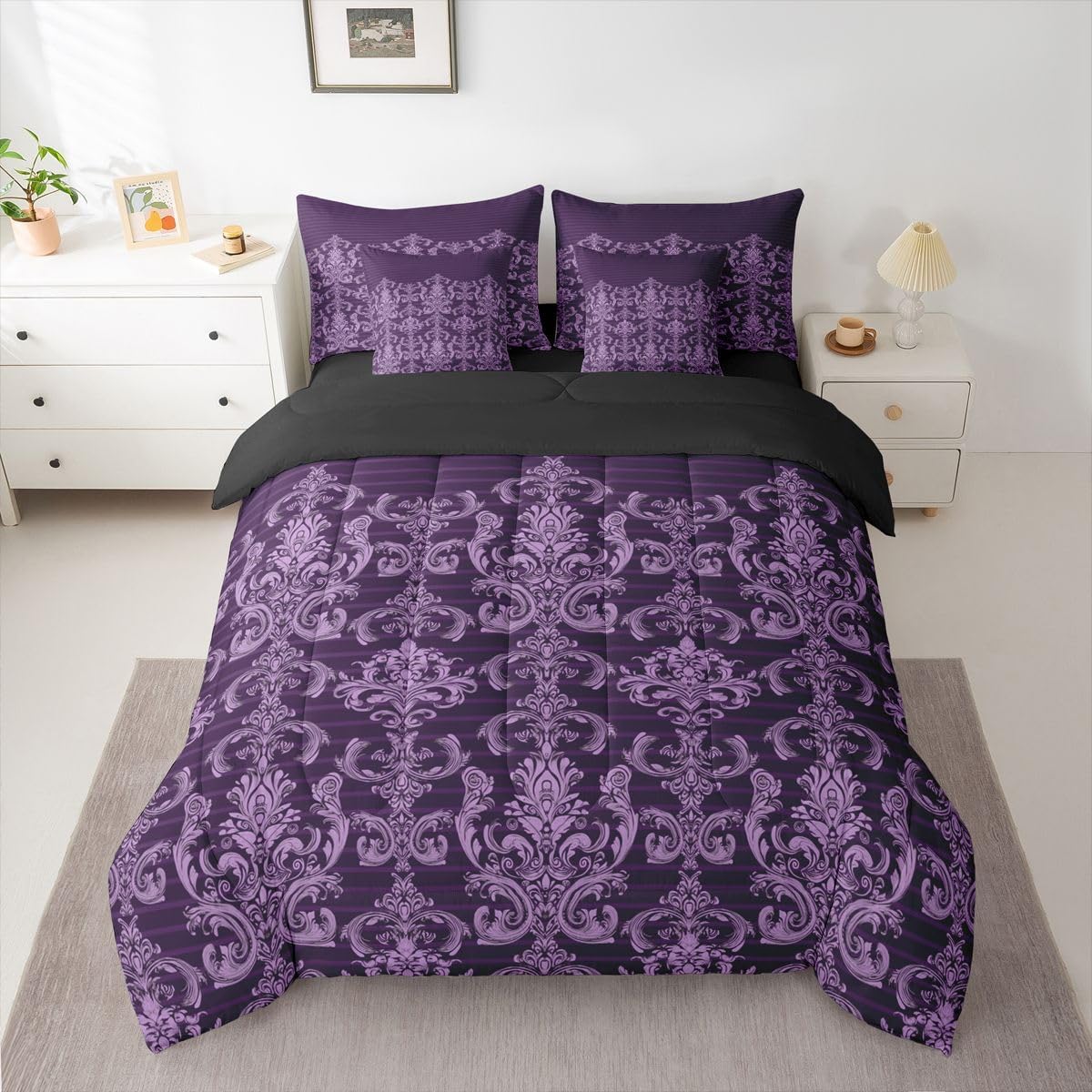 Feelyou Gothic Damask Full Comforter Set with Sheets for Kids Boys Girls Antique Victorian Baroque 7 Pieces Bedding Set Gothic Purple Floral Bed in a Bag Bohemian Room Decor Soft