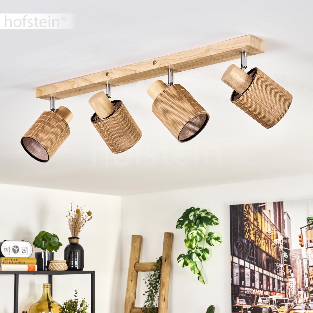 Plafoniera Kinnared, lampada da soffitto moderna in legno/metallo/bambù nei colori naturali/cromati/marrone, lampada a 4 luci dal design scandinavo con faretti regolabili, 4 x E14, senza lampadine