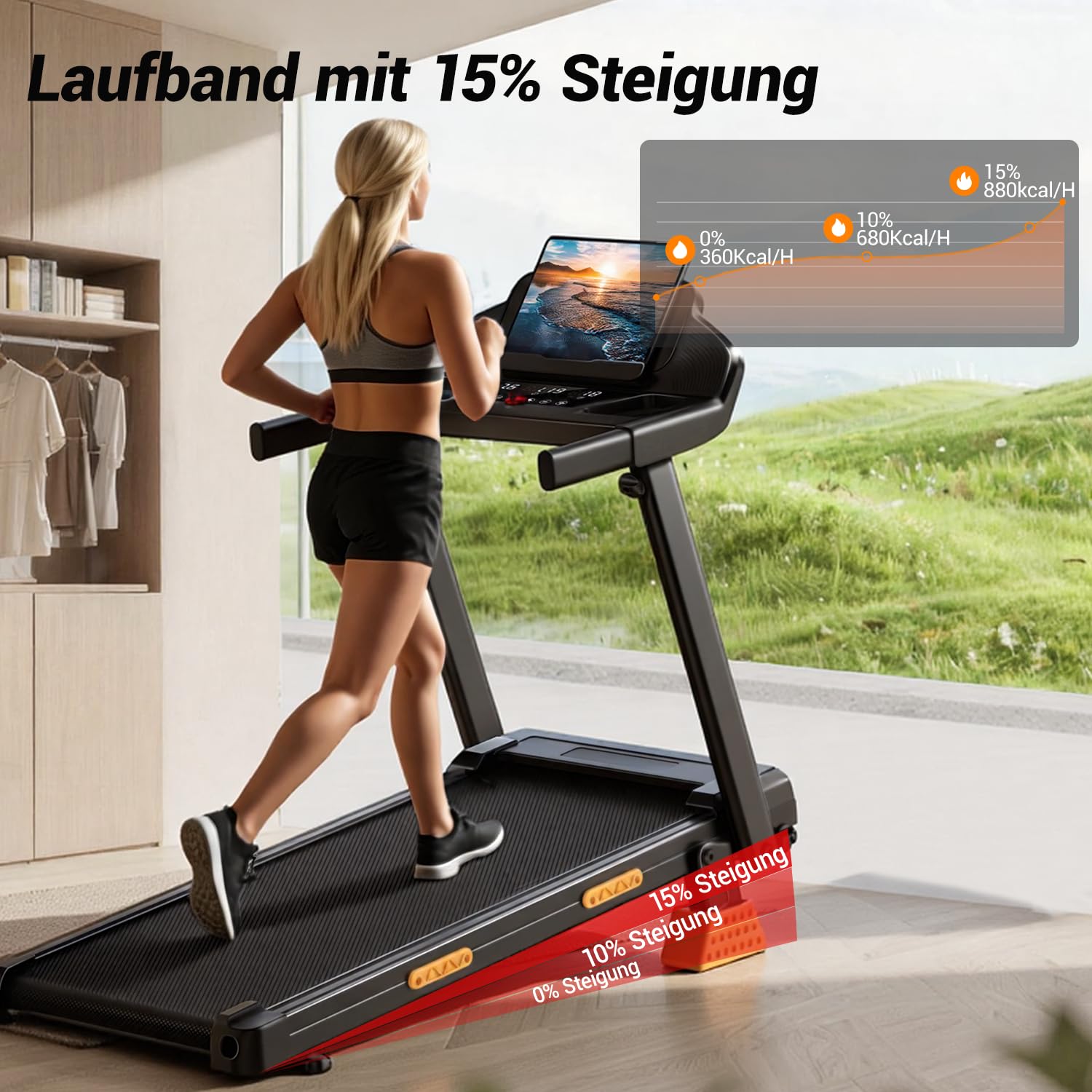 CURSOR Laufband für Zuhause mit Steigung 16%, 12KM/H Laufbänder, Treadmill for Home mit Handgriff,Max Belastung 136KG