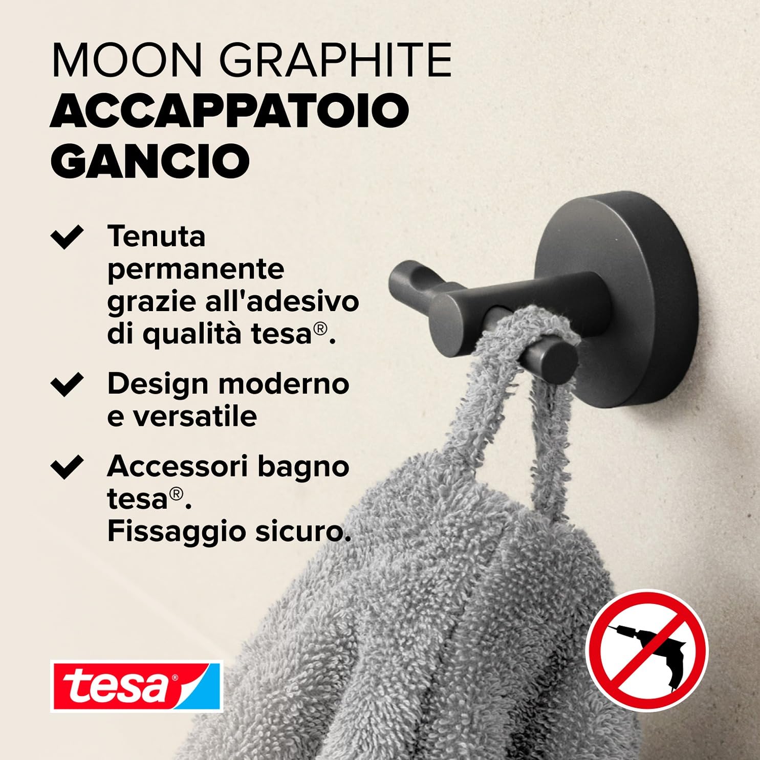 tesa® MOON Gancio per accappatoio in grafite spazzolata - Gancio autoadesivo in metallo rivestito in PVD - non richiede foratura, soluzione adesiva inclusa - 50 mm x 65 mm x 53 mm