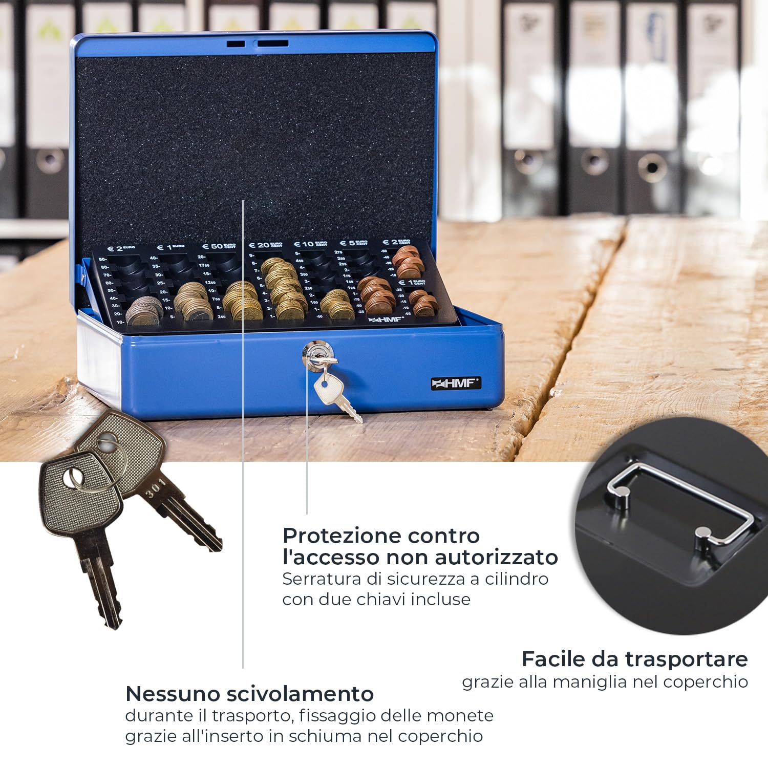 HMF 10015-02 Cassetta Portavalori con serratura, Cassetta porta soldi con Vassoio Porta Monete e Banconote | 30 x 24 x 9 cm | Nero