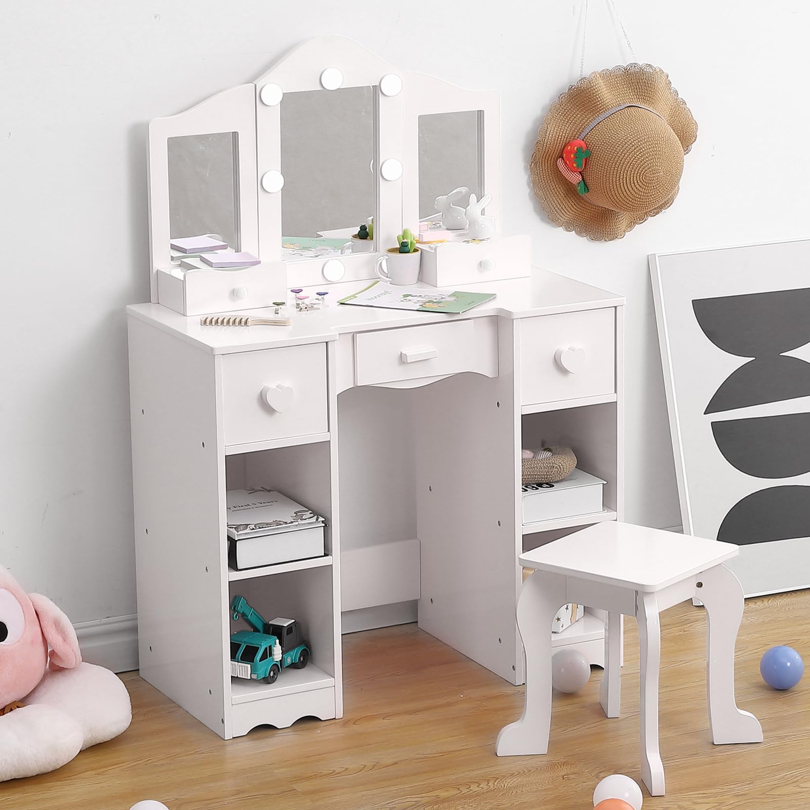GarveeHome Tocador Infantil de Madera con Espejo LED y Taburete – Mesa de Maquillaje Blanca escandinava para niñas, 5 cajones y 4 Compartimentos Abiertos, Dormitorio o Zona de Juegos – Color Blanco