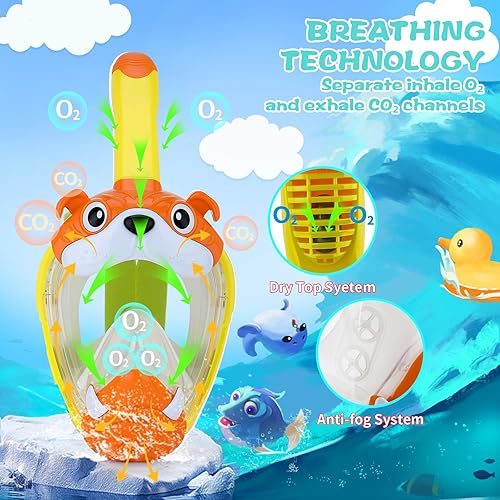 Miniatura 5 de Máscara de esnórquel de cara completa para niños, equipo de esnórquel para niños, máscara de esnórquel con vista panorámica de 180 con correas de