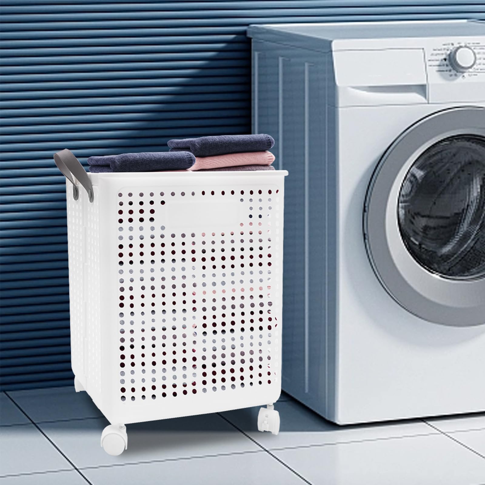 Cesto for la biancheria con ruote Cesto in plastica pieghevole con manico Organizer for bidone pieghevole traspirante(White)