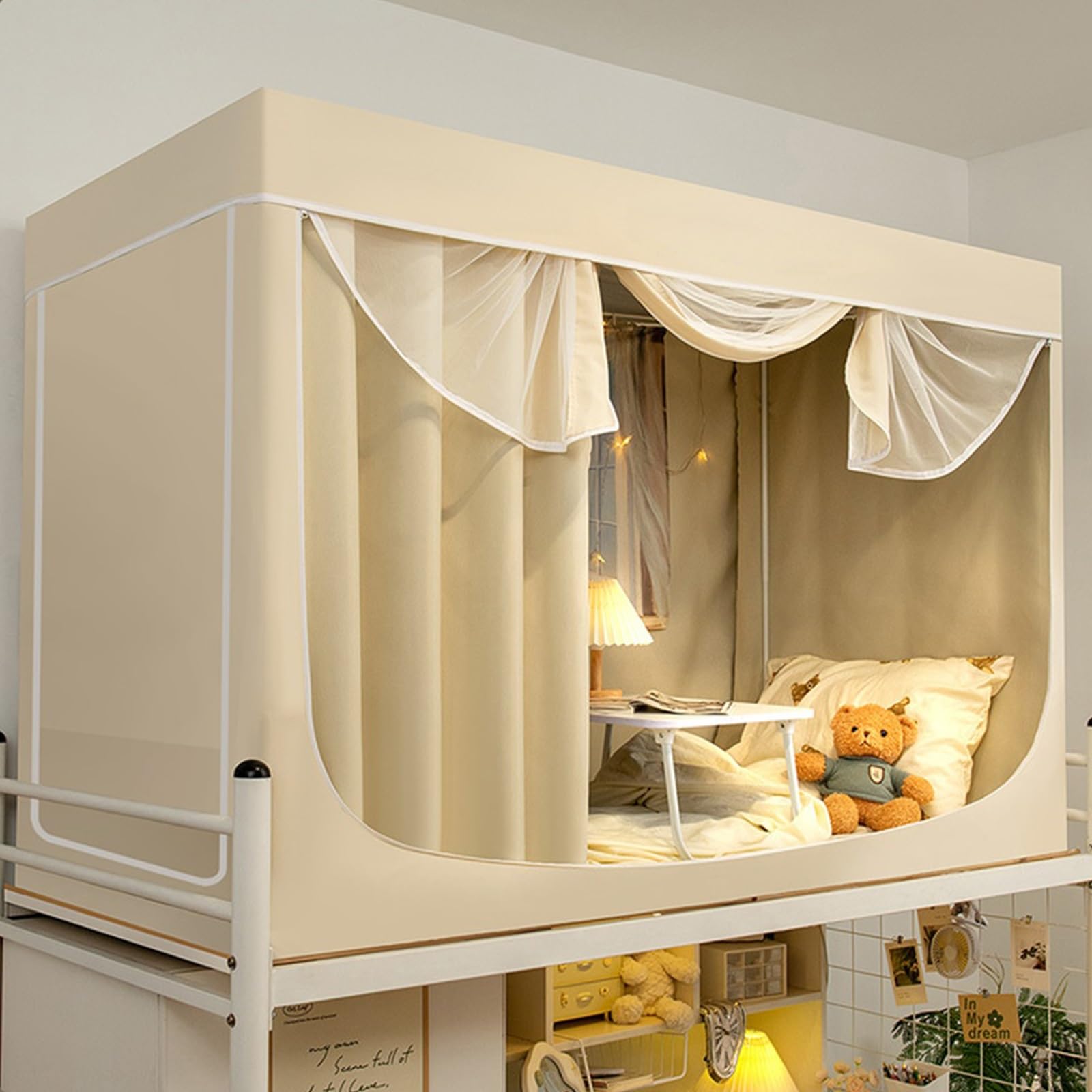 LUNCHS All-In-One Single Bed Top Bunk Bed Canopy Retractable Ruggedized Bracket Bunk Bed Curtains Push-Pull Opening Loft Bed Curtains Family Caravan(4 sides,SINGLE_BEIGE)