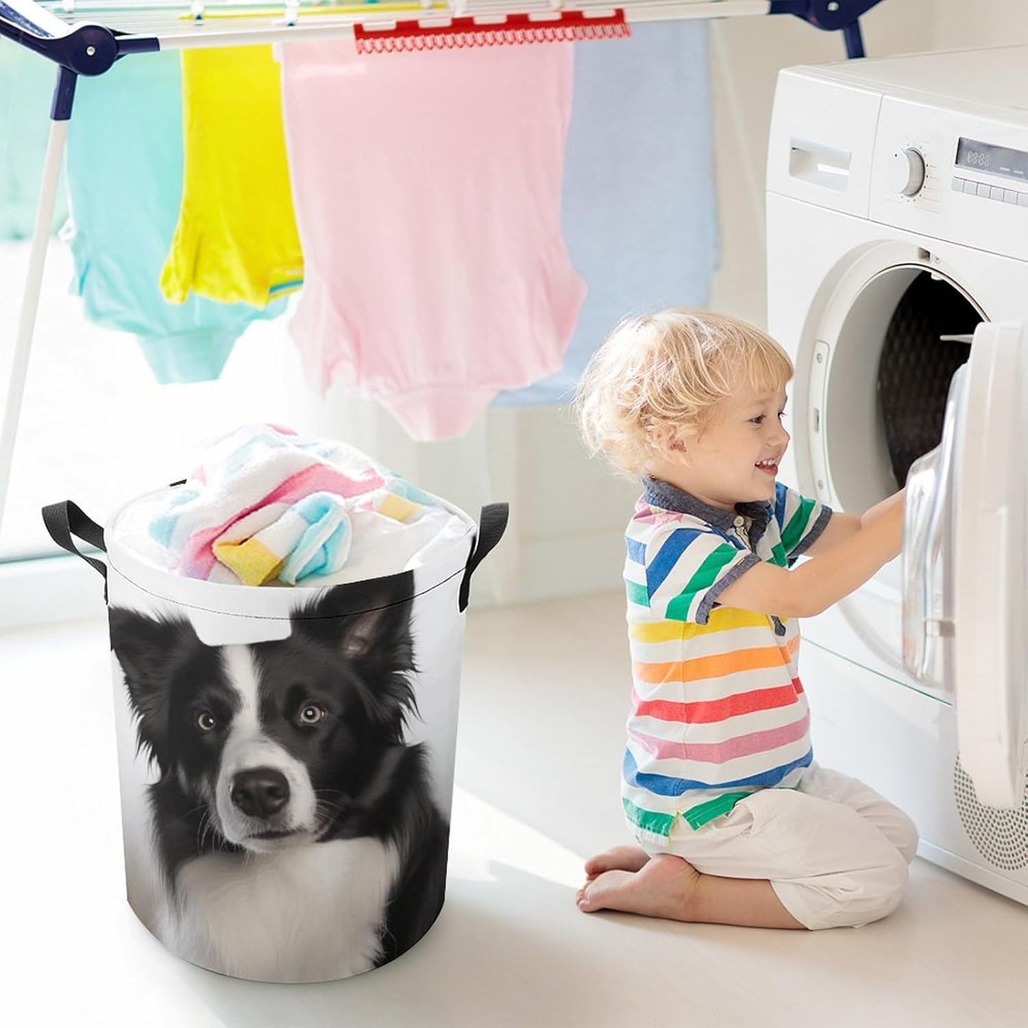 Border Collie Laundry Basket Collapsible Clothes Hamper with Reinforced Handles Large Capacity Waterproof Laundry Bag Freestanding Laundry Hamper for Bedroom Bathroom