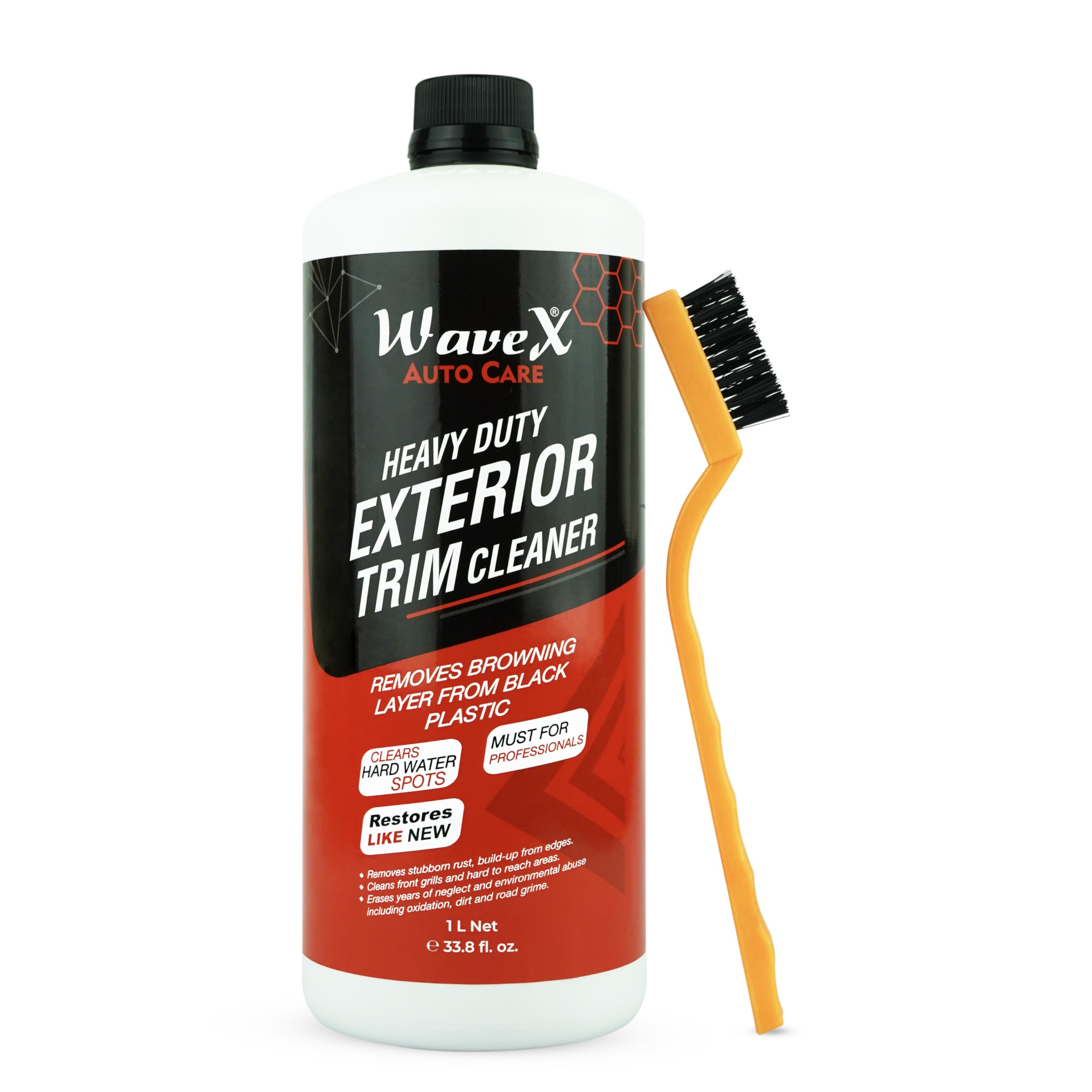 WaveX Heavy Duty Car Exterior Trim Cleaner 1 LTR | Removes Browning Layer from Black Plastic, Stubborn Rust, Hardwater Spots, and buildup from Edges, Cleans Logo and Grills