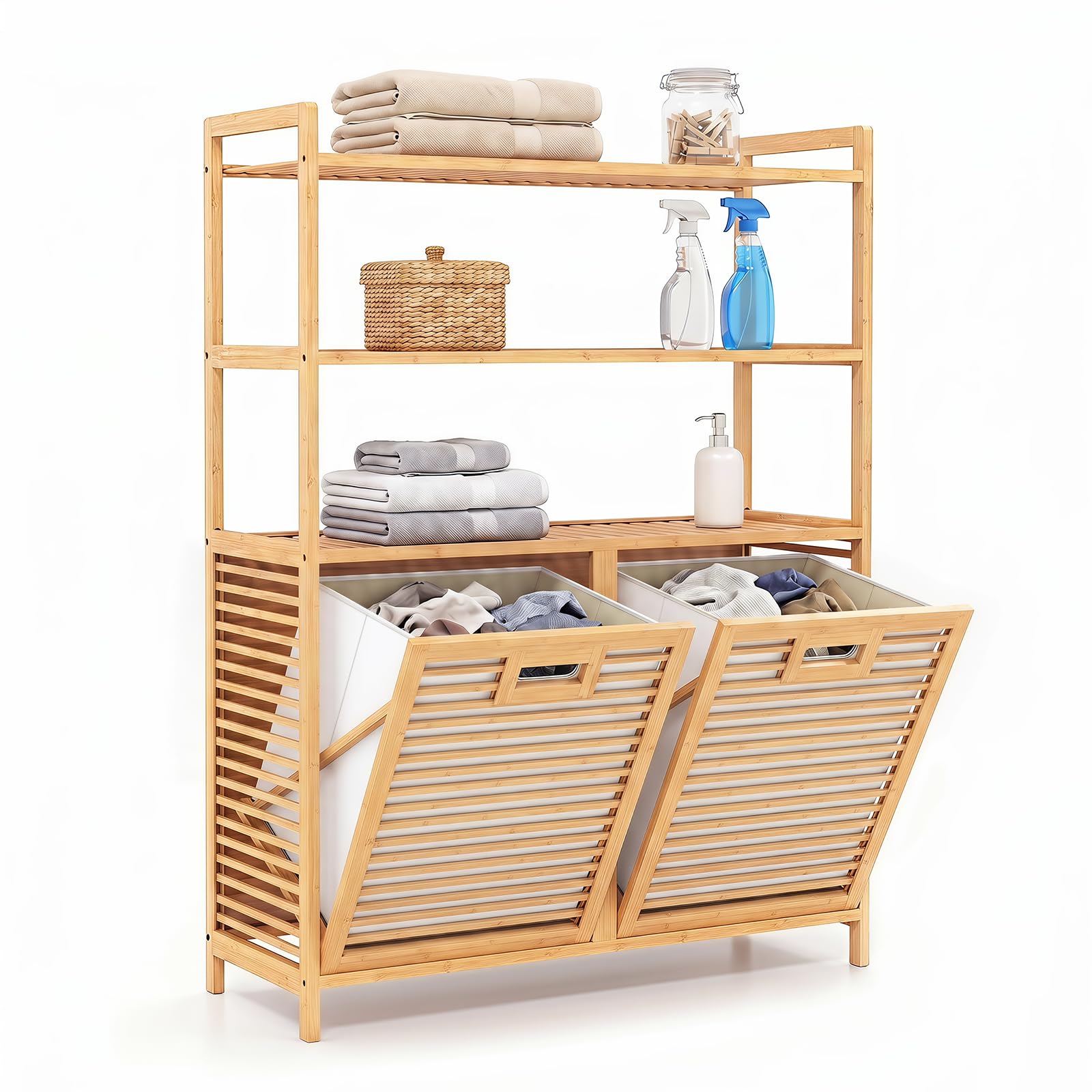 COSTWAY Mueble Cesto Ropa Sucia con Doble Apertura Abatible y 3 Estantes