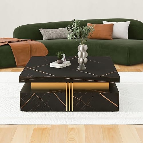 Miniatura 3 de SSLine Moderna mesa de centro cuadrada de color negro y dorado, mesa de centro de cóctel de mármol sintético de lujo con 4 cajones de