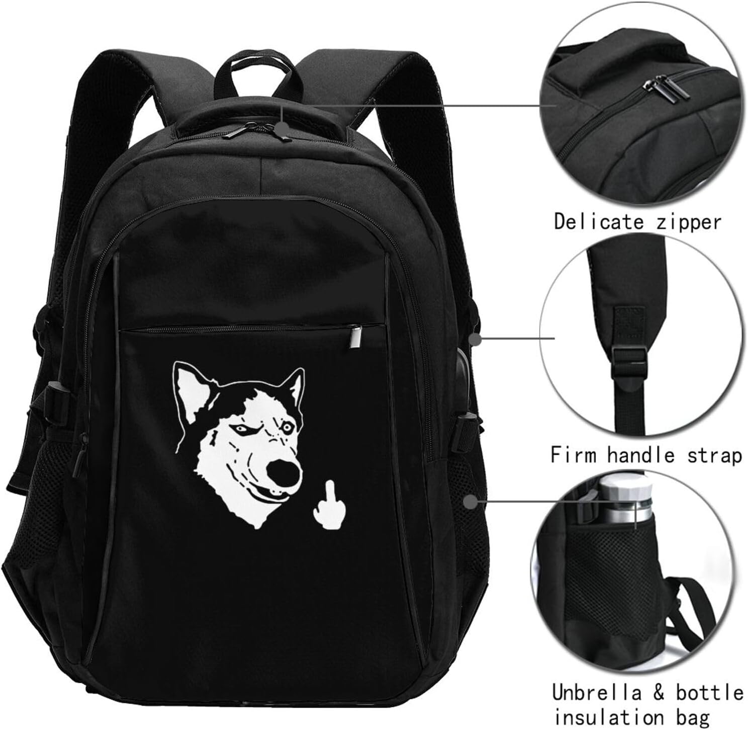 Husky Fuck Off Travel Laptop Backpack Bag with USB Charging Port 17 Inch Computer Funny Backpacks for Women Men Work College Gift,Casual Daypack,Black Large image 3