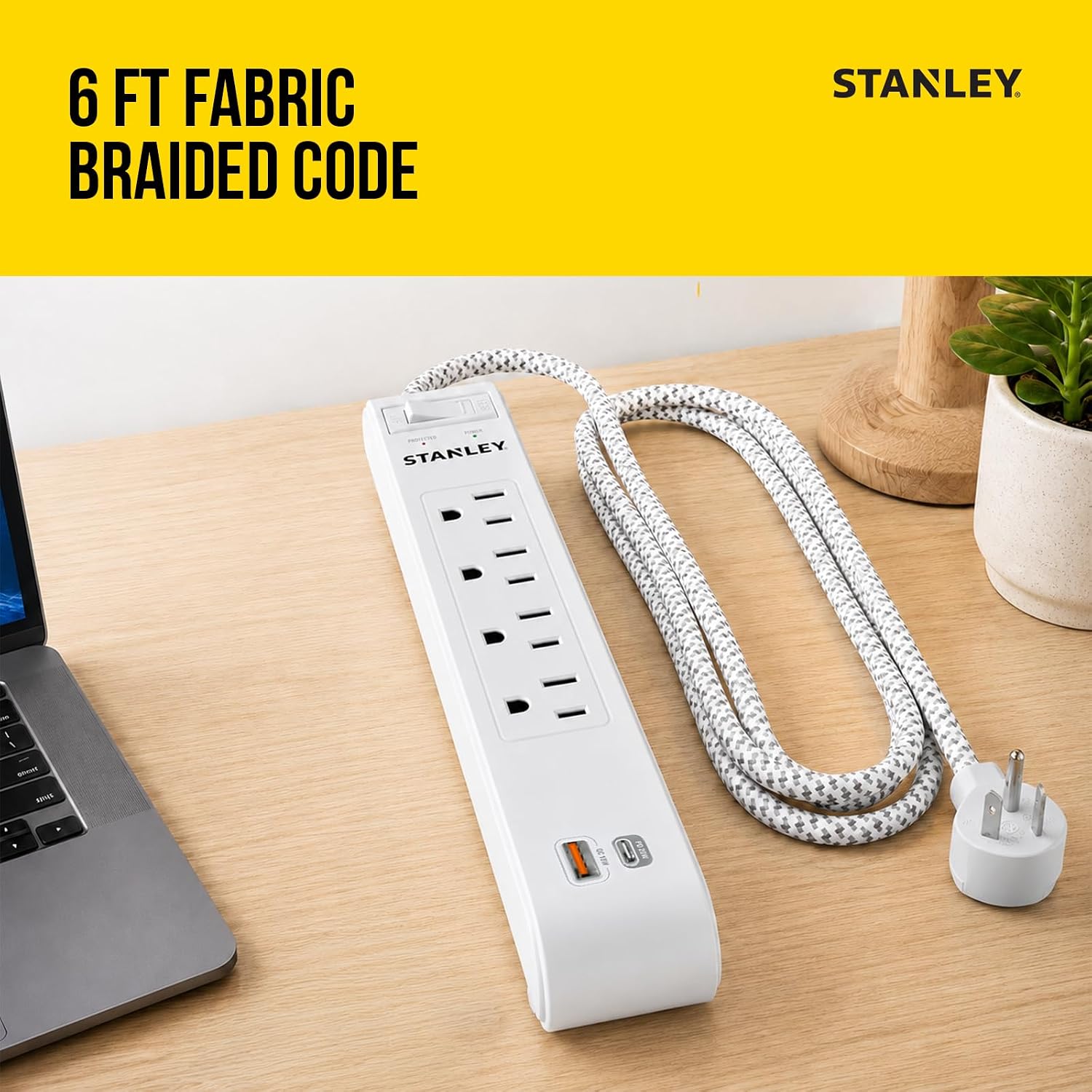 STANLEY Surgemax Surge Protector Power Strip 4 Grounded Outlets 1 USB-C 1 USB-A Ports 600 Joules Surge Protection 6 Ft Fabric Braided Cord AWG 14/3 125V/15A 1875W Circuit Breaker Cord White ETL Listed image 5