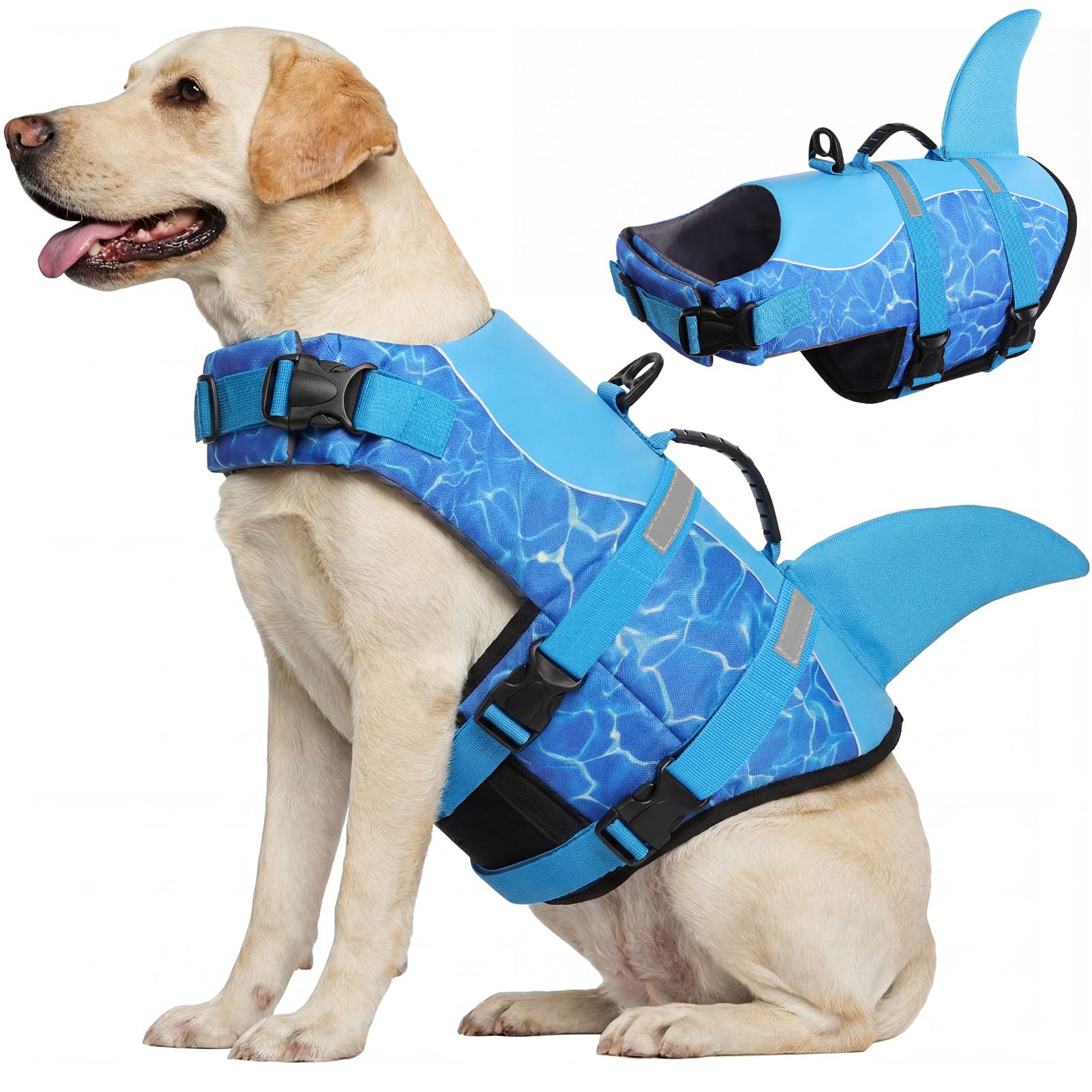 CITÉTOILE Salvagente per Cane, Giubbotto Salvagente per Cani, Ripstop Regolabile Squalo Giubbotto di salvataggio, Leggero e Sicuro per Gli Sport Acquatici, Onda blu, XXL