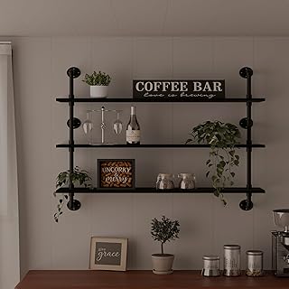 Industrial Pipe Shelving Rustic Black Wall Shelves with Wood Planks Indu...