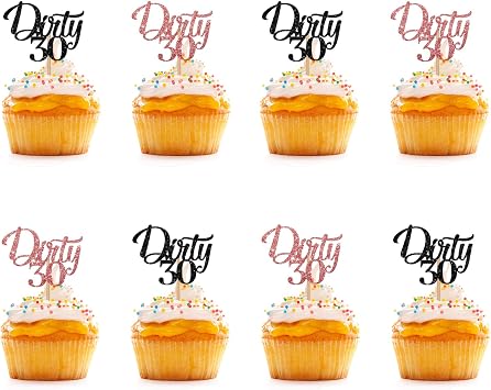 Dirty 30 Cupcake Toppers, Black & Rose Gold Glitter Happy 30th Birthday Cupcake Picks, Cake Decorations for 30th Birthday/Anniversary Party - 24pcs