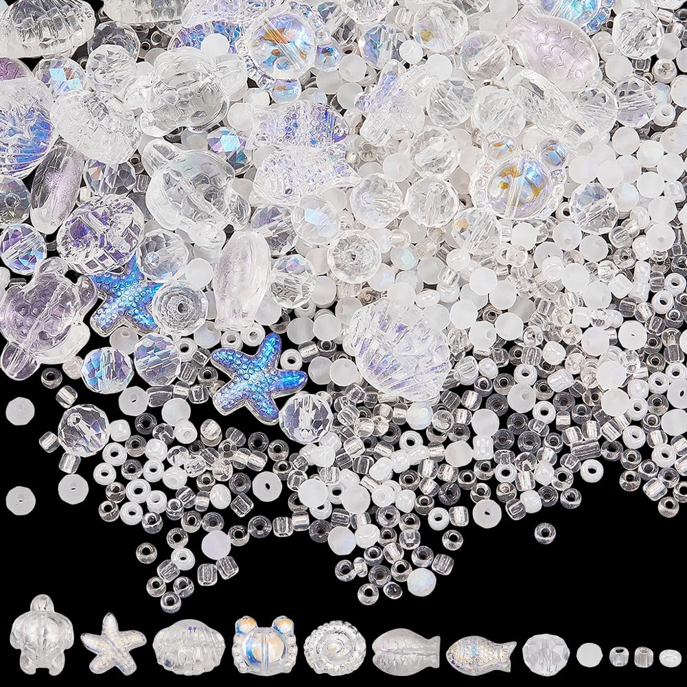 SUNNYCLUE 1 Box About 991pcs Ocean Bead Kit Sea Glass Beads Mini Clear Ab Summer Beach Themed Sea Animals Starfish Fish Turtle Spacer for Jewellery Making Kits Bracelets Necklace Earrings Party Craft