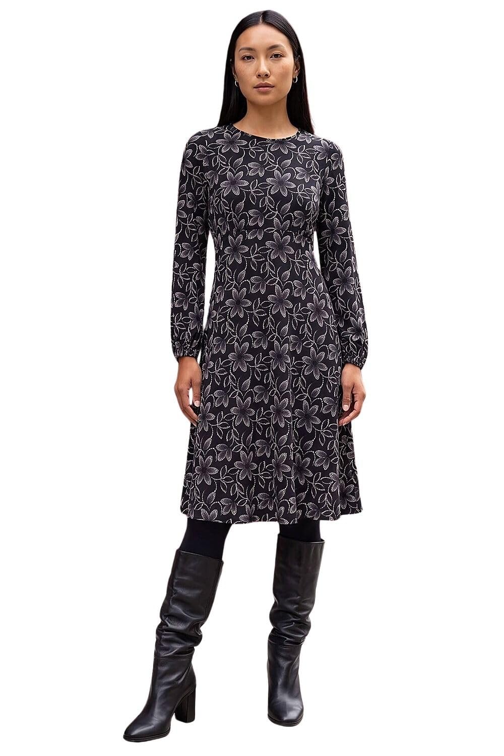 Roman Women Gathered Chest Dress Ladies Stretchy Fit & Flare Swing Tea A Line Skater Knee Length Long Sleeve Midi Smart Casual Work Going Out Cocktail Party