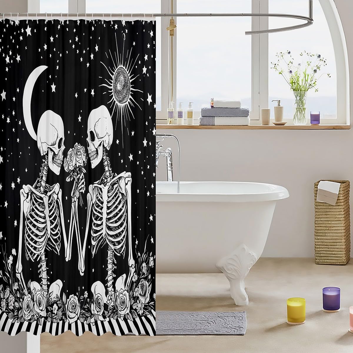 jejeloiu Skull Shower Curtain for Bathroom Decor 72" L x 72" W Kids Black and White Skeleton Bath Curtain for Boys Girls Gothic Dark Boho Bathroom Accessories,Polyester image 3