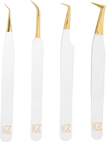 M LASH - Pinzas de extensión de pestañas (juego de 4), pinzas profesionales y de precisión para extensiones de pestañas, acero japonés, agarre de