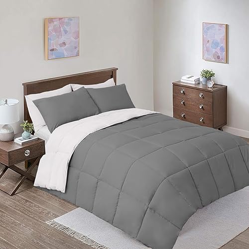 Miniatura 3 de Wholesale Beddings Edredón reversible de plumón alternativo, calidez media (41 onzas de relleno), manta Queen extragrande, color gris y blanco