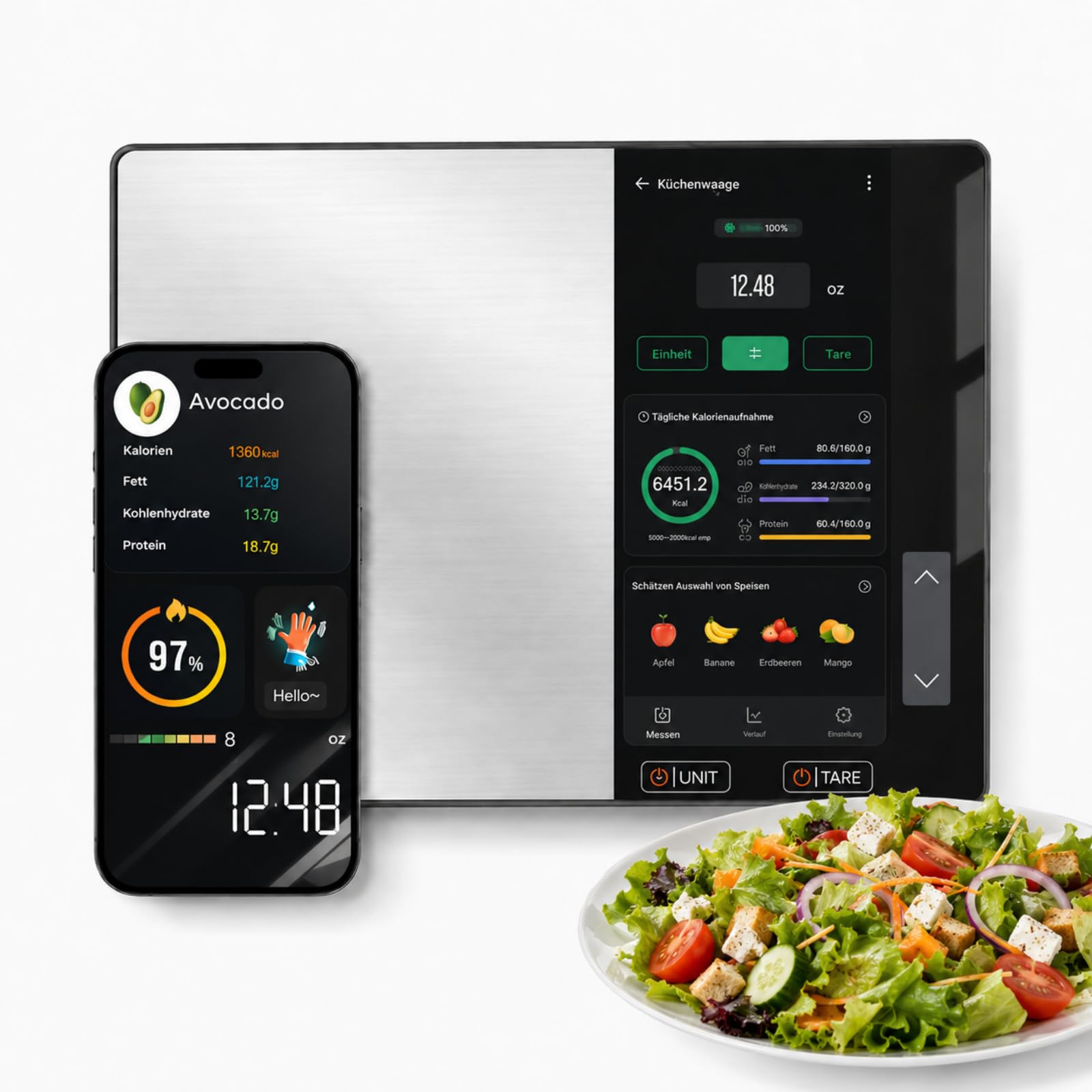 Smartvita Küchenwaage Kalorienwaage, Kompakte Küchenwaage mit Kalorienzähler Bluetooth App Für Küche Haushalt Diät