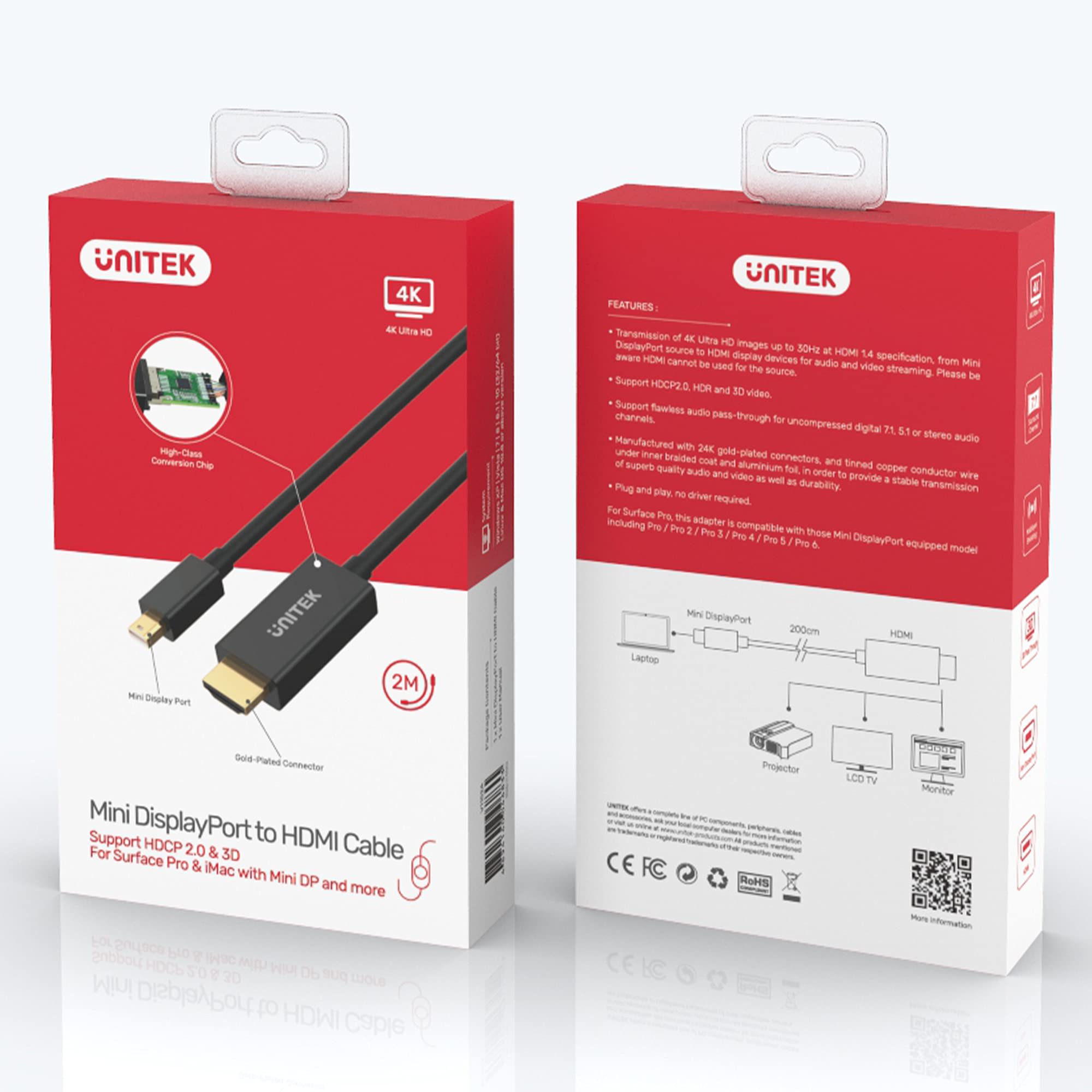 V1152A Unitek Adaptör miniDP NA HDMI 4K 30Hz Kablo 2M / 4K@30Hz / Plug and Play/HDR/Full HD/Audio-wideo/HDMI 1.4 / Altın Kaplama Bağlantılar/Renk siyah