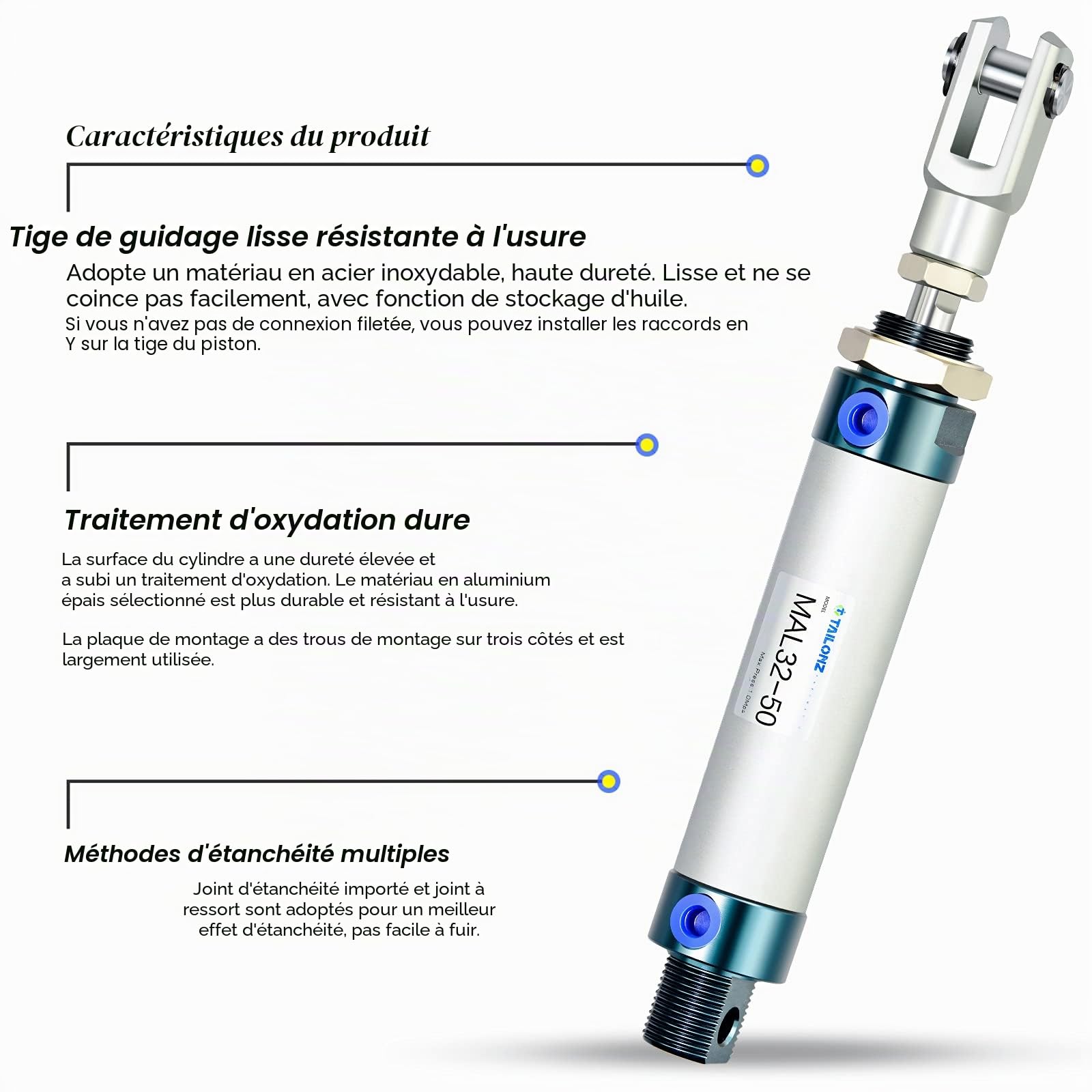 TAILONZ PNEUMATIC Vérin à air double action de 32mm d'alésage et 50mm de course avec connecteur en Y et 2 pièces de 8mm MAL32x50