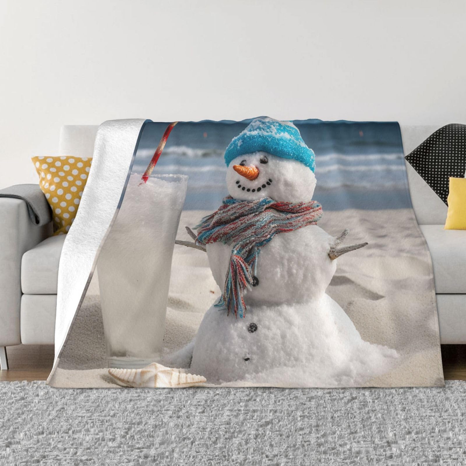 Jeté de canapé chaud et léger en flanelle isolante motif bonhomme de neige