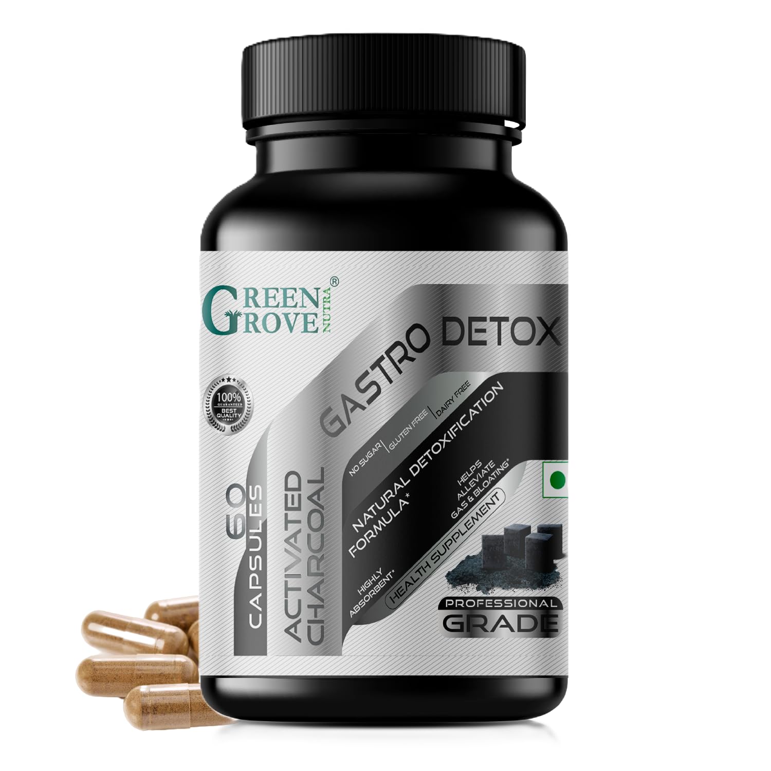 GreenGrove Nutra Gastro Detox Activated Charcoal 600mg Supreme Formula - Natural Digestive Detox, Gas & Bloating Relief | Professional-Grade Formula | Stomach and Colon Cleanse | Formulated in USA