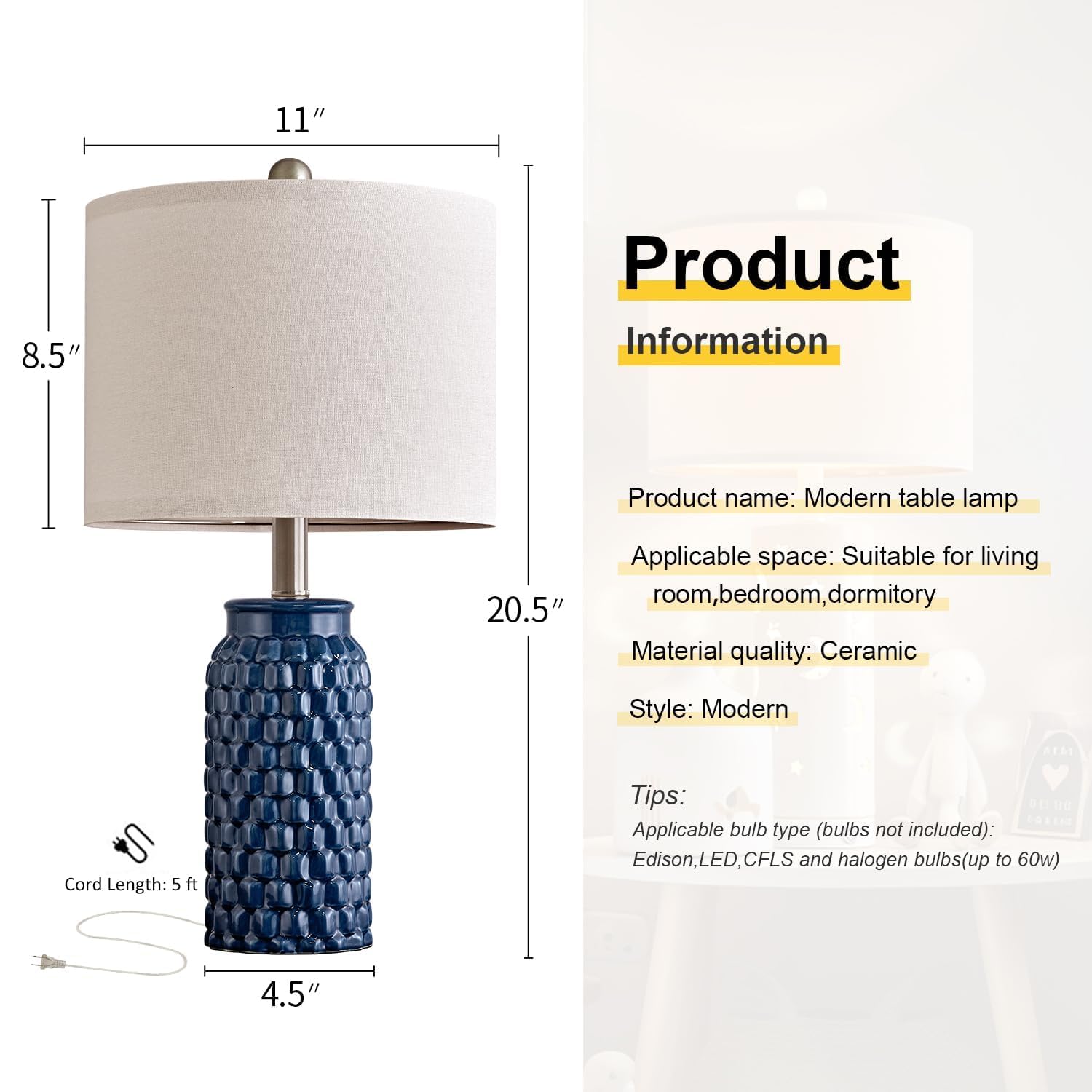 USumkky Lampada da comodino moderna in ceramica da 50,8 cm, blu scuro, set di 2 per la decorazione della camera da letto, lampada da tavolo per soggiorno, ufficio, dormitorio