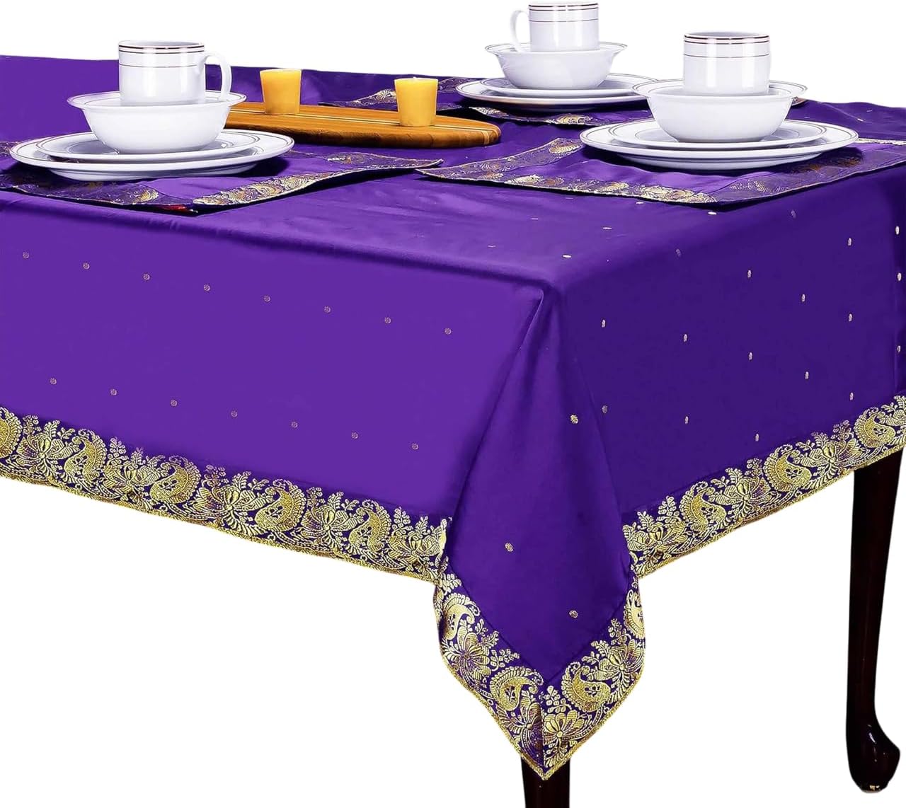 Indian Selections Regal Purple Handmade Sari Fabric Rectangle Tablecloth with Golden Paisley Borders | Vintage Table Cloth for Birthdays, Weddings Celebrations & Everyday use Tablecloth -52" x 52" in