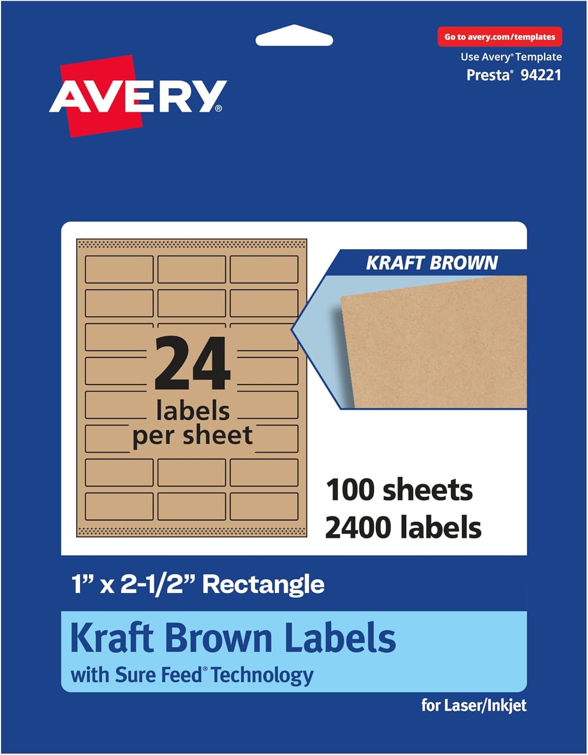 Avery Kraft Brown Rectangle Labels, Sure Feed Technology, 1" x 2.5", 2,400 Kraft Brown Labels, Laser/Inkjet Printable