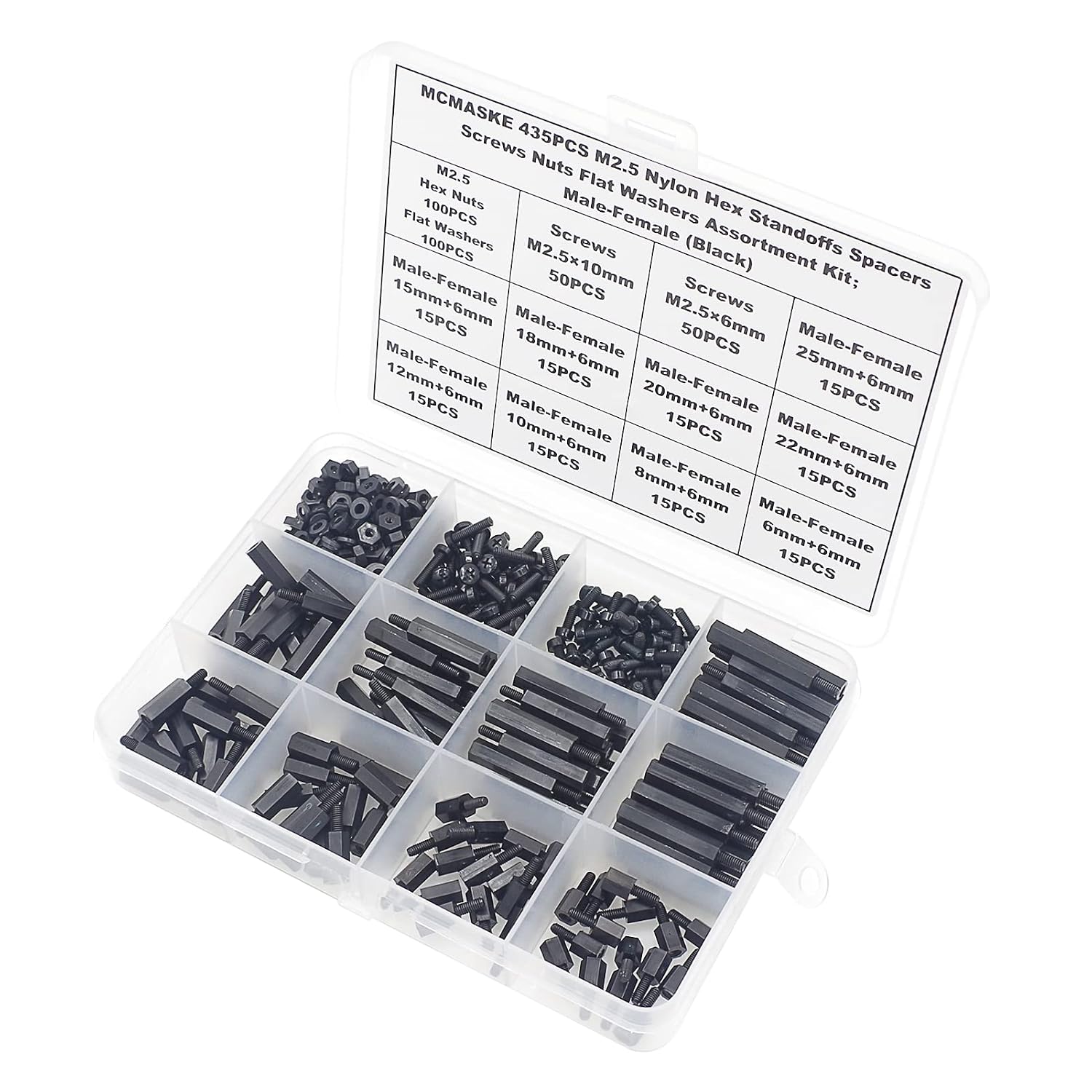 435PCS M2.5 Nylon Hex Standoffs Spacers Screws Nuts Flat Washers Assortment Kit;Male-Female(Black)