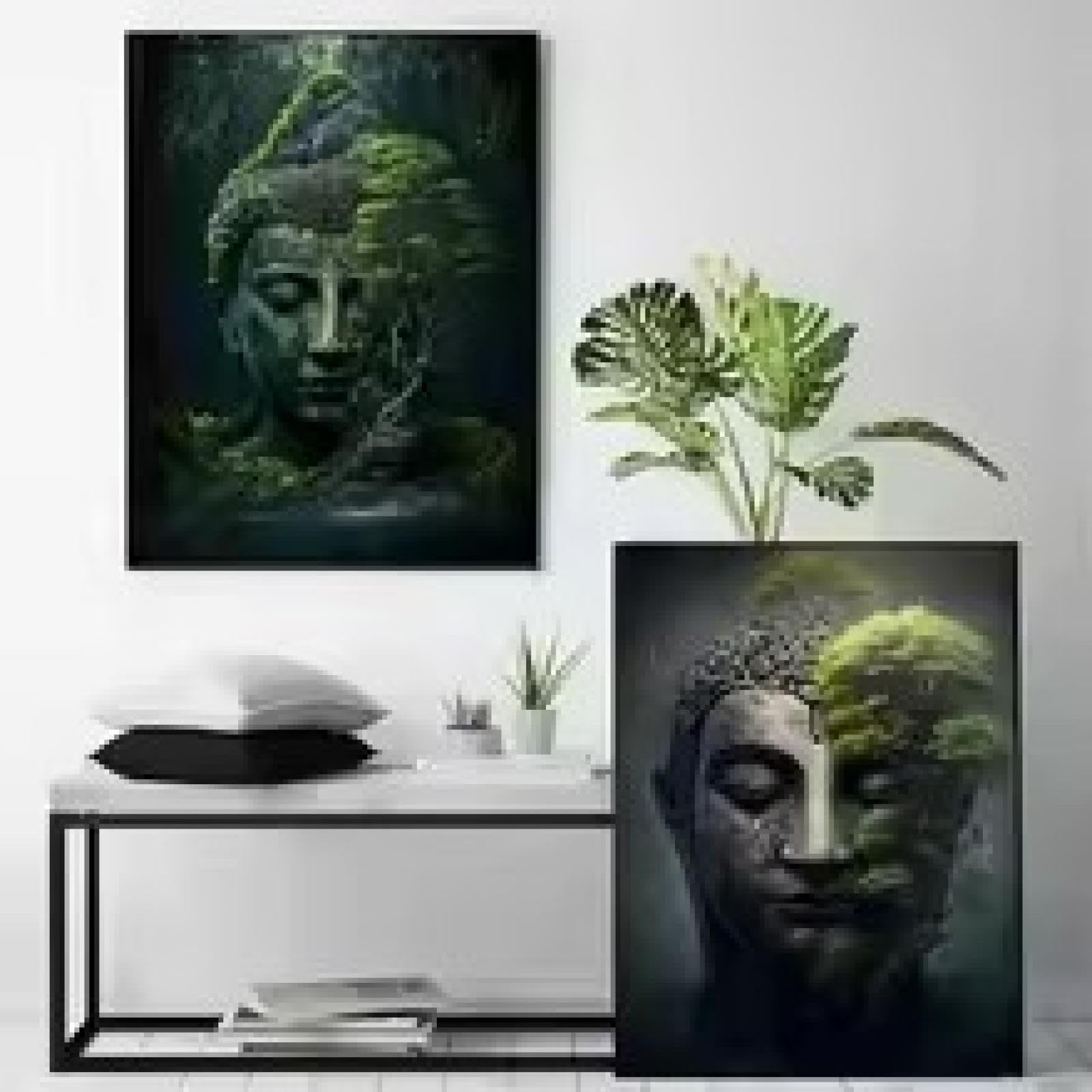 XBTYKPB Póster e impresiones de Buda en la naturaleza para decoración de sala de estar, estatua budista y paisaje, lienzo, arte de pared, 60 x 110 cm, 2 marcos interiores