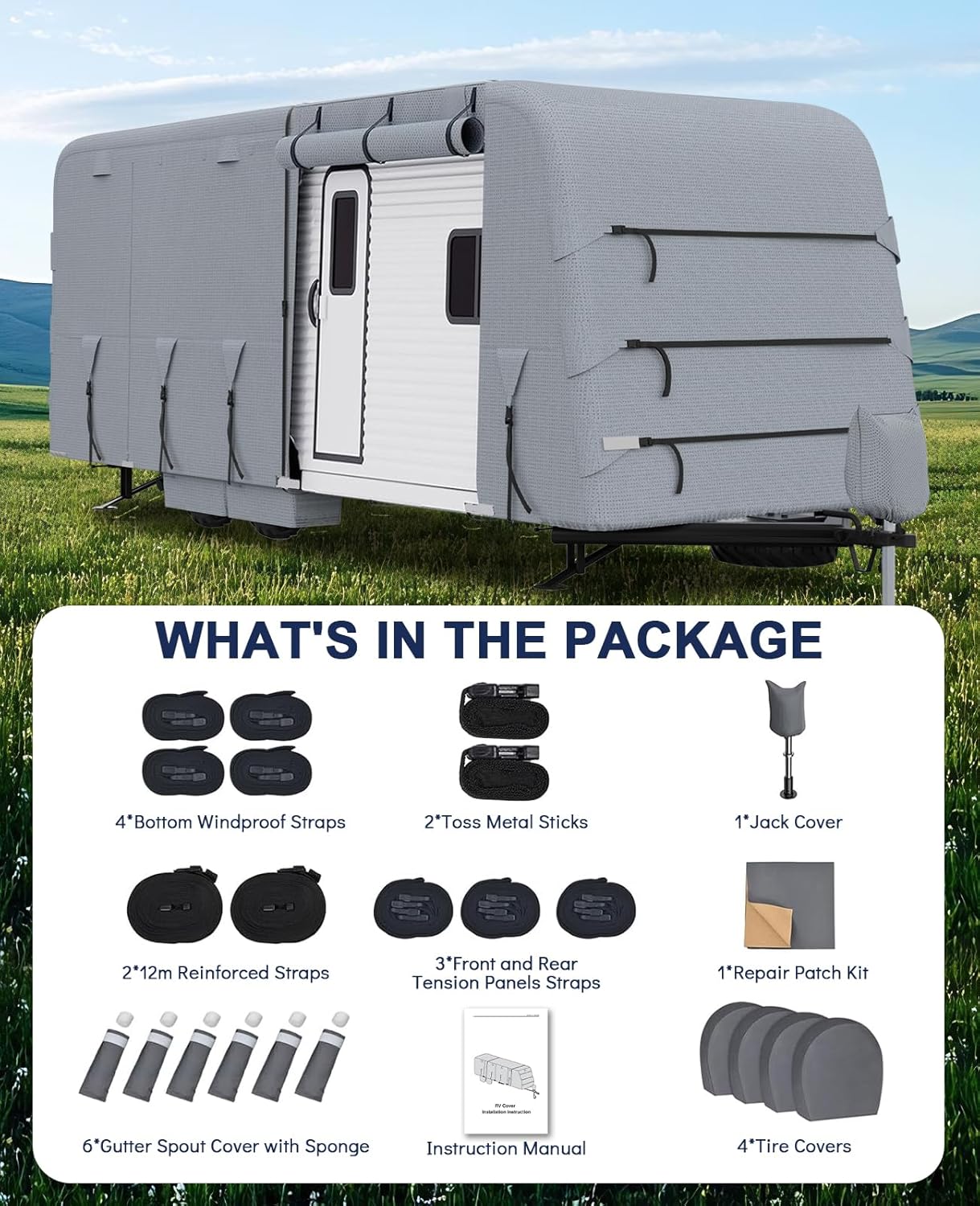 RV-Cover 33-35ft Travel Trailer Camper Cover - Extra-Thick Upgraded Heavy Duty Layers,Waterproof Rip-Stop RV Covers with Adhesive Repair Patches, 4Pcs Extra Straps & 4 Tire Covers,Grey