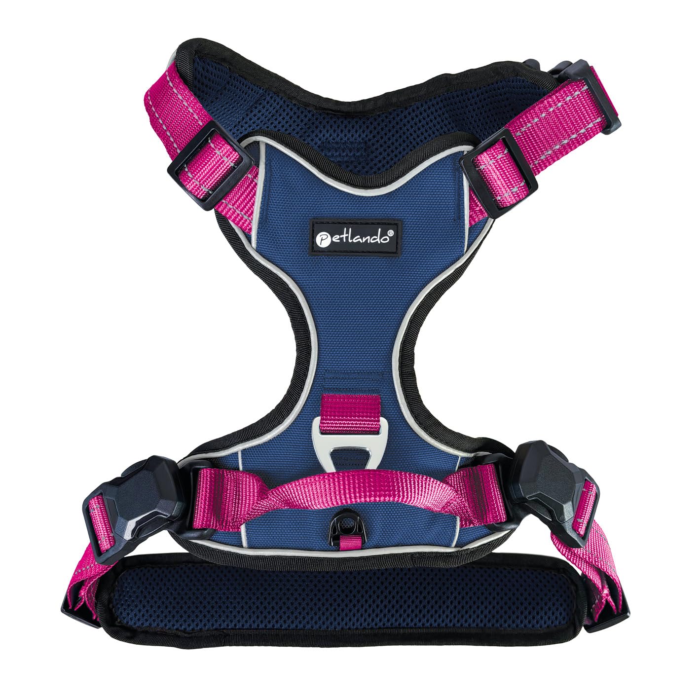 Petlando Hundegeschirr Magnetech– Innovative Magnetschnalle, mit Griff, Zwei D-Ringe, reflektierend, atmungsaktiv – Navy/Fuchsia, M (Halsumfang 42-54cm, Brustumfang 56-68cm), mittelgroße Hunde