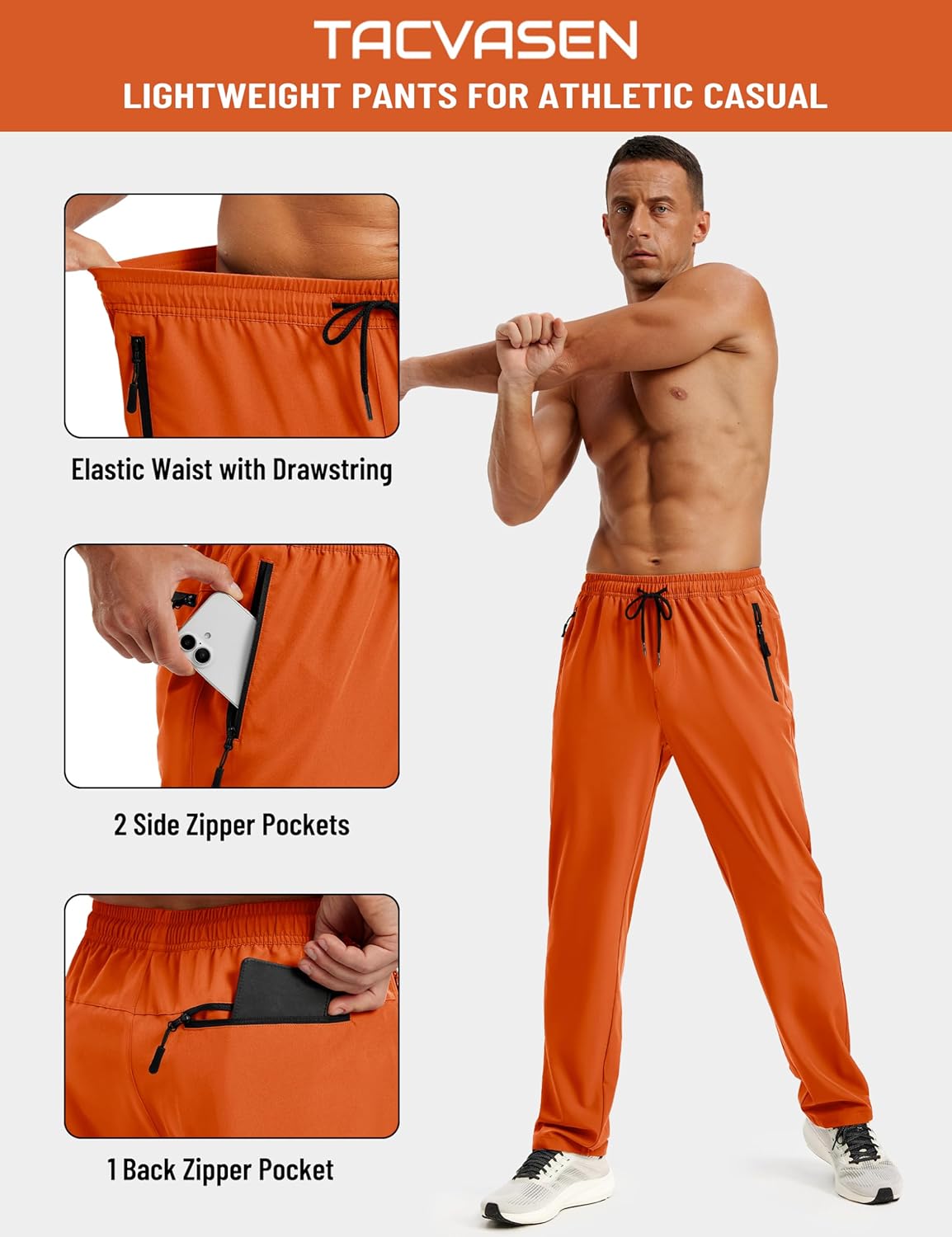 TACVASEN Mens Workout Pants Casual Athletic Hiking Lightweight Quick Dry Stretch Waterproof Sweatpants with 3 Pockets - Image 4