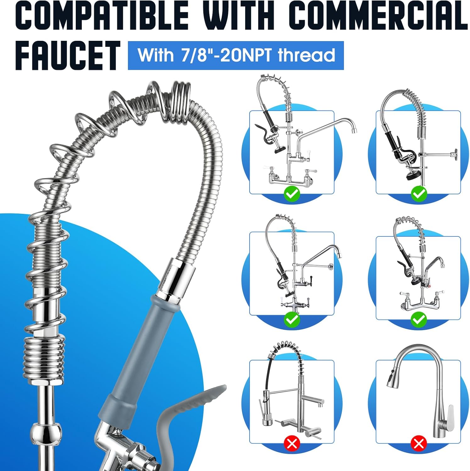Replacement B-0044-H Pre-Rinse Hose for T&S Brass, 44 Inches Flexible Stainless Steel commercial sink sprayer Hose with Heat Resistant Gray Handle