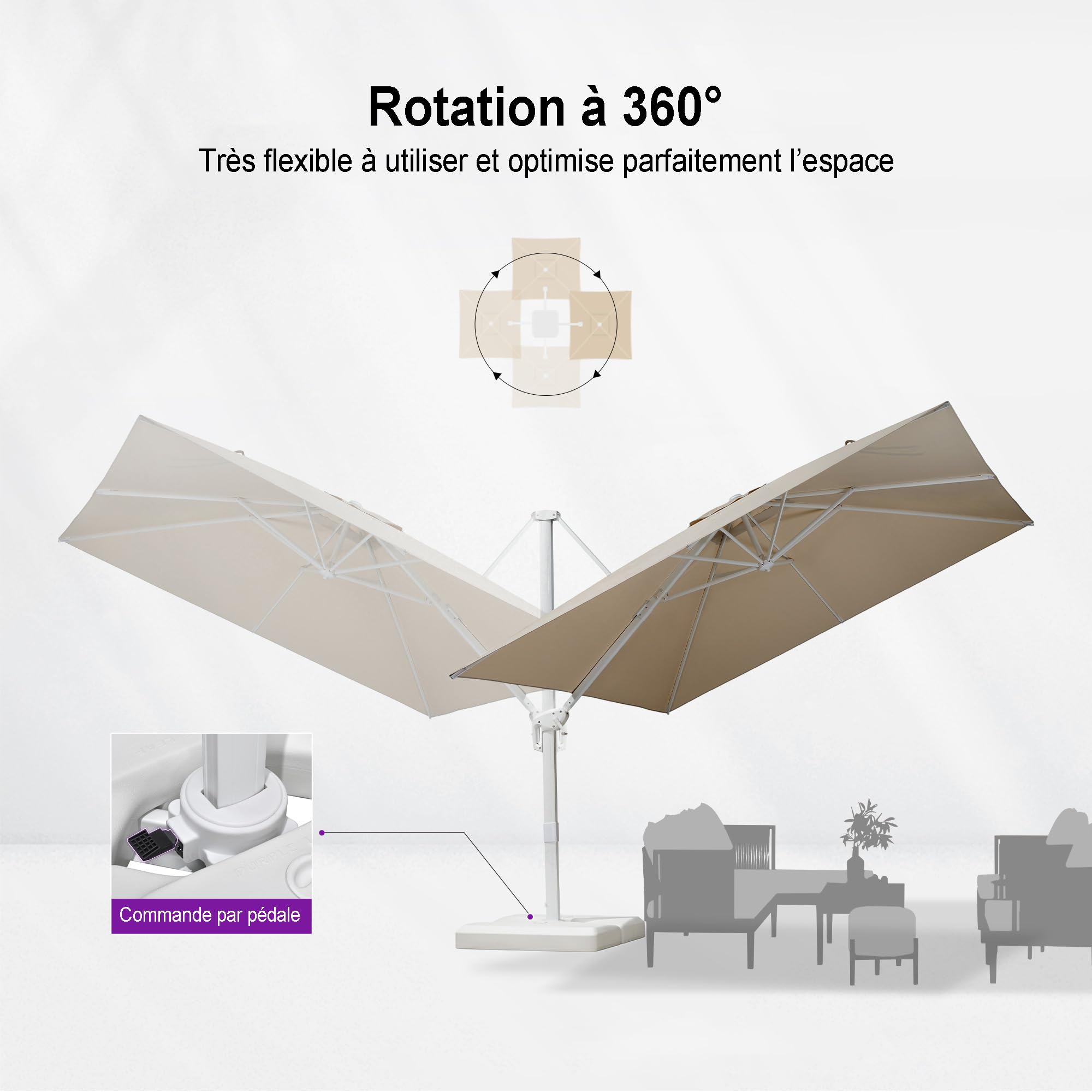 PURPLE LEAF Parasol Déporté 3 x 3 m Beige avec Mât Alu Blanc Pied Croix