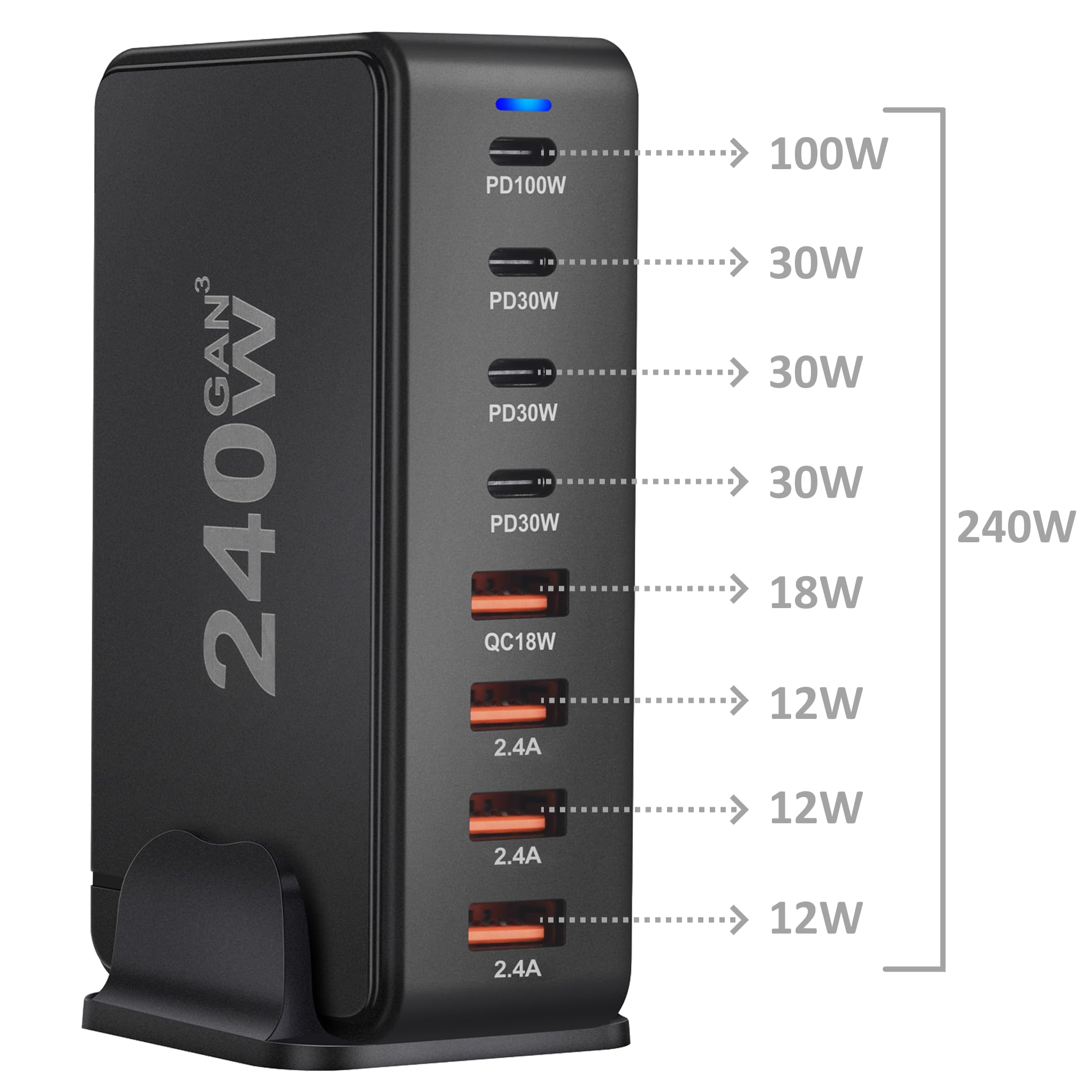 Gniazdo zasilania - Ładowarka 240 W z 4 portami USB-C (100 W/30W) i 4 portami USB-A (18W/12W) - Technologia GAN3 Szybkie ładowanie do komputera stacjonarnego