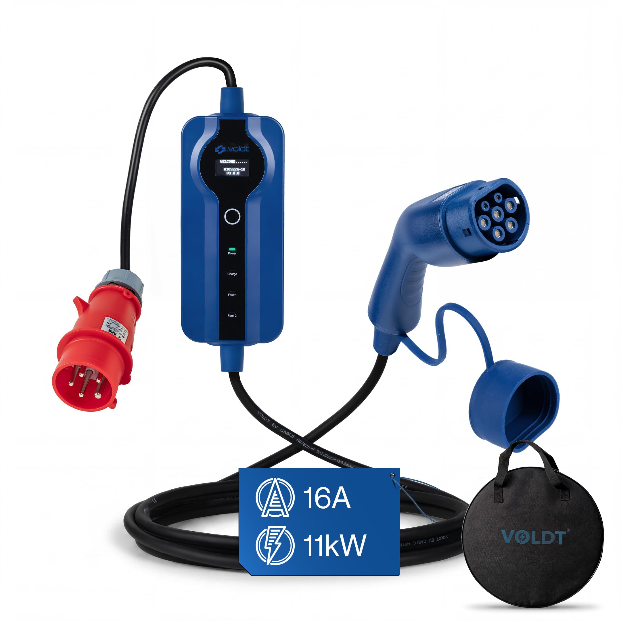 VOLDT Adaptateur Type 2 (borne de Recharge) vers Prise Schuko Type F 230 V, 3,7kW, 8–16 A + APP, étanche IP67, certifié CE/UKCA/TÜV (10 Length)