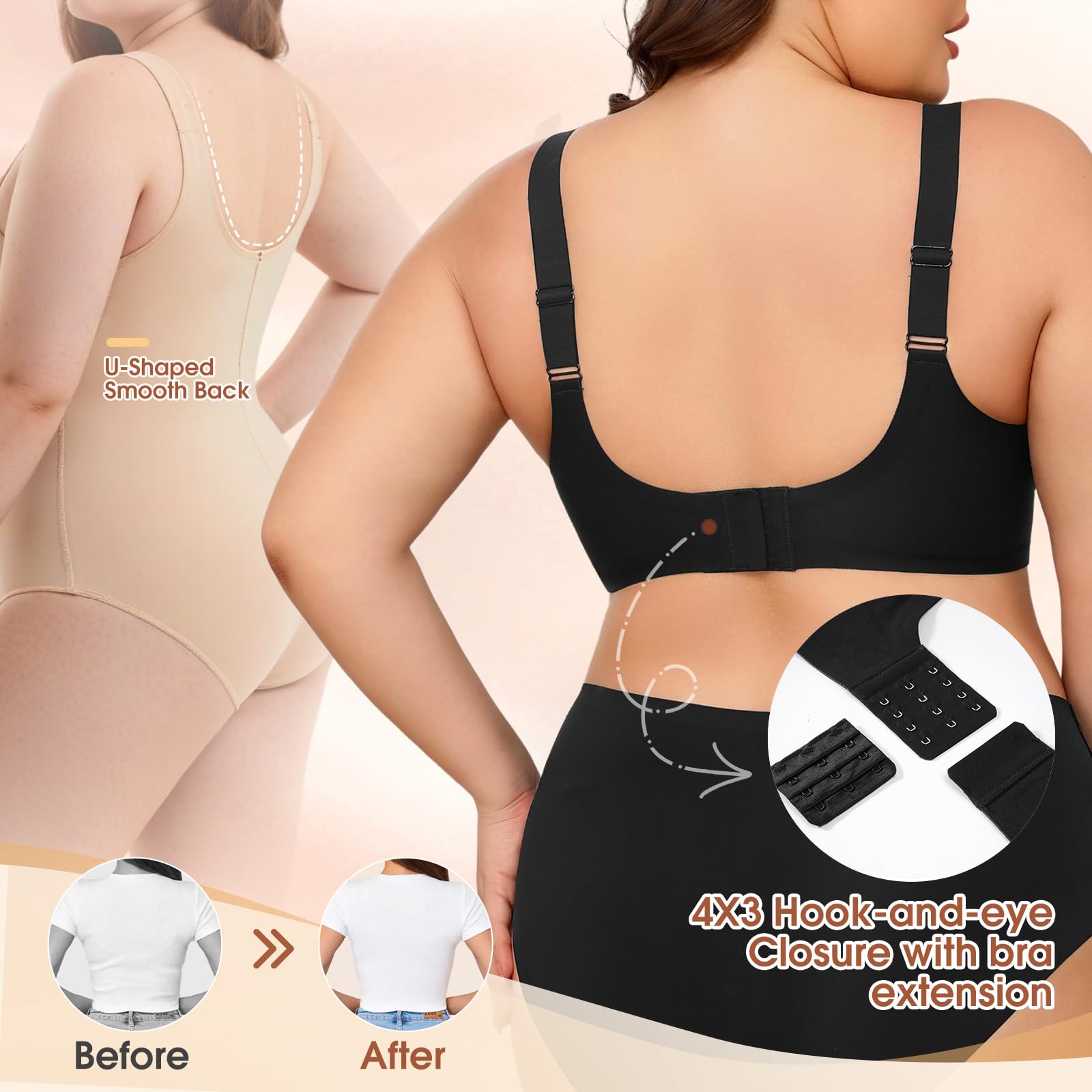 XJBTBA Biustonosze damskie Plus Size Biustonosz push-up bez fiszbin Pełne pokrycie Staniki podtrzymujące Wygodny bezprzewodowy biustonosz bez szwu Biustonosz damski na co dzień z wyjmowaną wyściółką