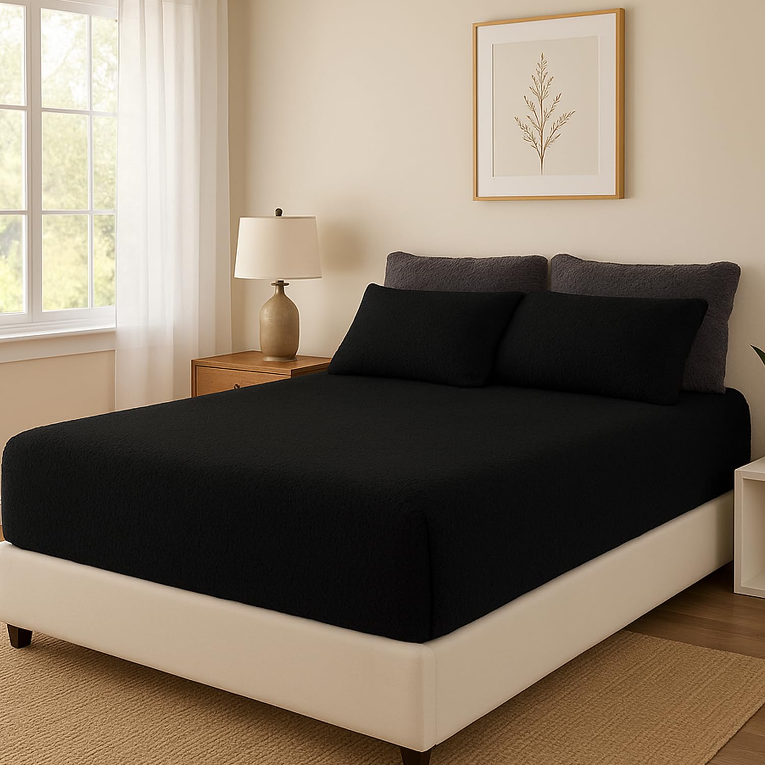 Brillars Teddy Fleece Fitted Sheet Extra Deep Bedding Thermal Winter Warm Soft Luxury Fluffy Cuddly Cosy Bed Sheets Easy Care Washable (Black, Single)