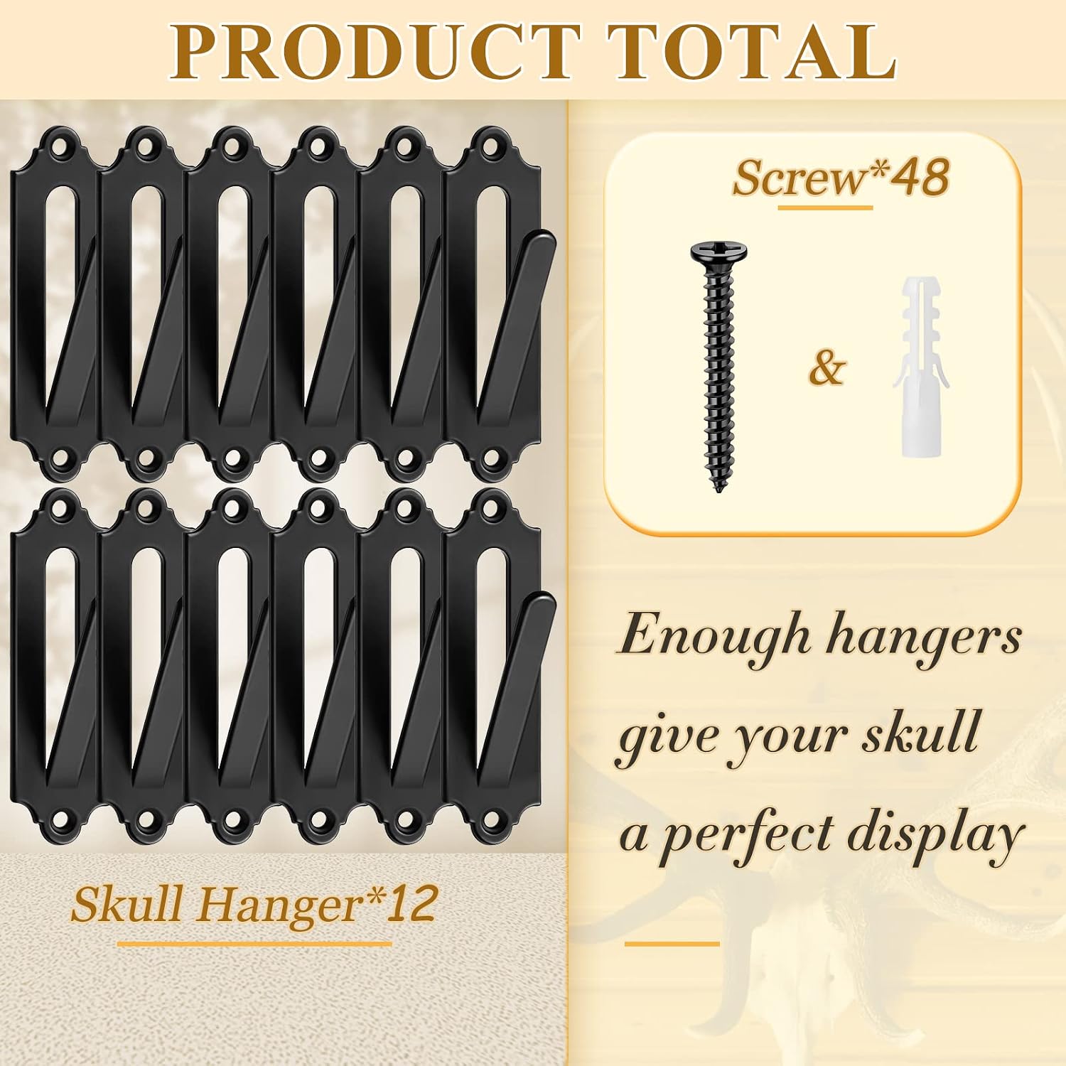 Dunzy 12 Pack European Style Mount Skull Hanger Deer Skull Hangers Euro Wall Mount Bracket Hook Complete with Simple Easy Installation Kits for Indoor Outdoor Small Game Animals Mule (Black)