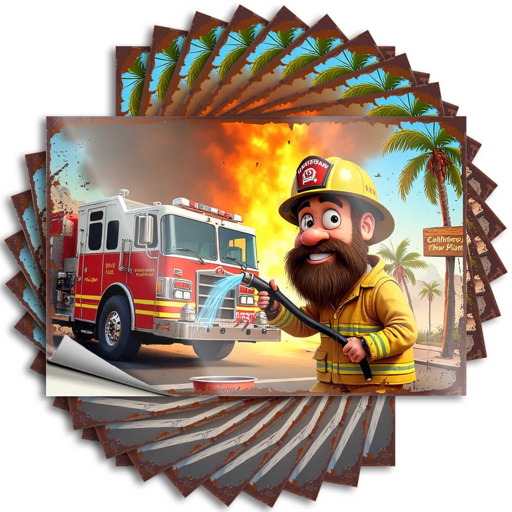 Fzfn Colour Positive Stickers, Teen Hard Firefighter Saving California: A Cartoon Hero's Tale | Funny Quote Silicone Decals(8X12cm)